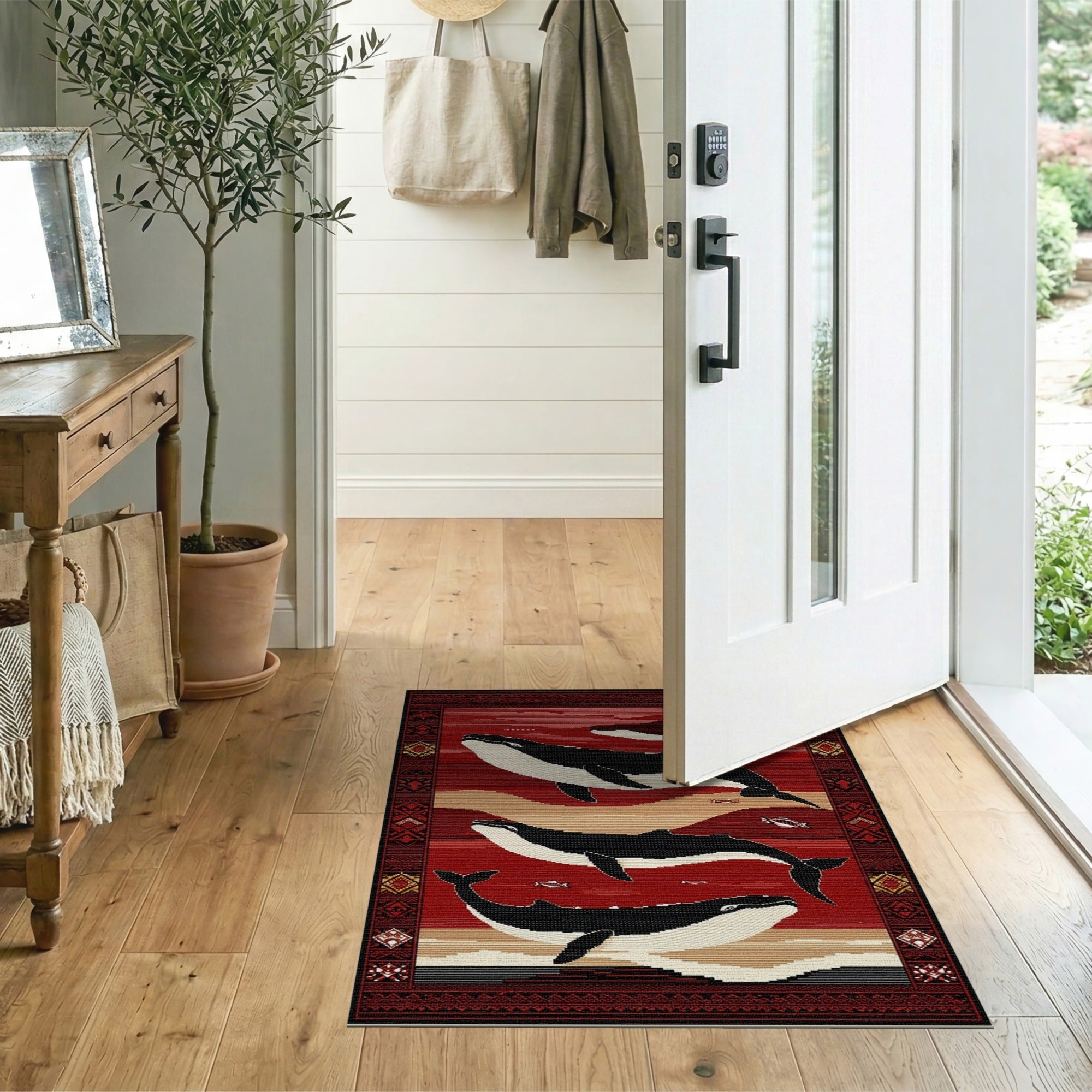 Red Humpback Whales Persian Area Rug