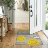 Playful Yellow Suns Stars Grey Striped Kids Rug