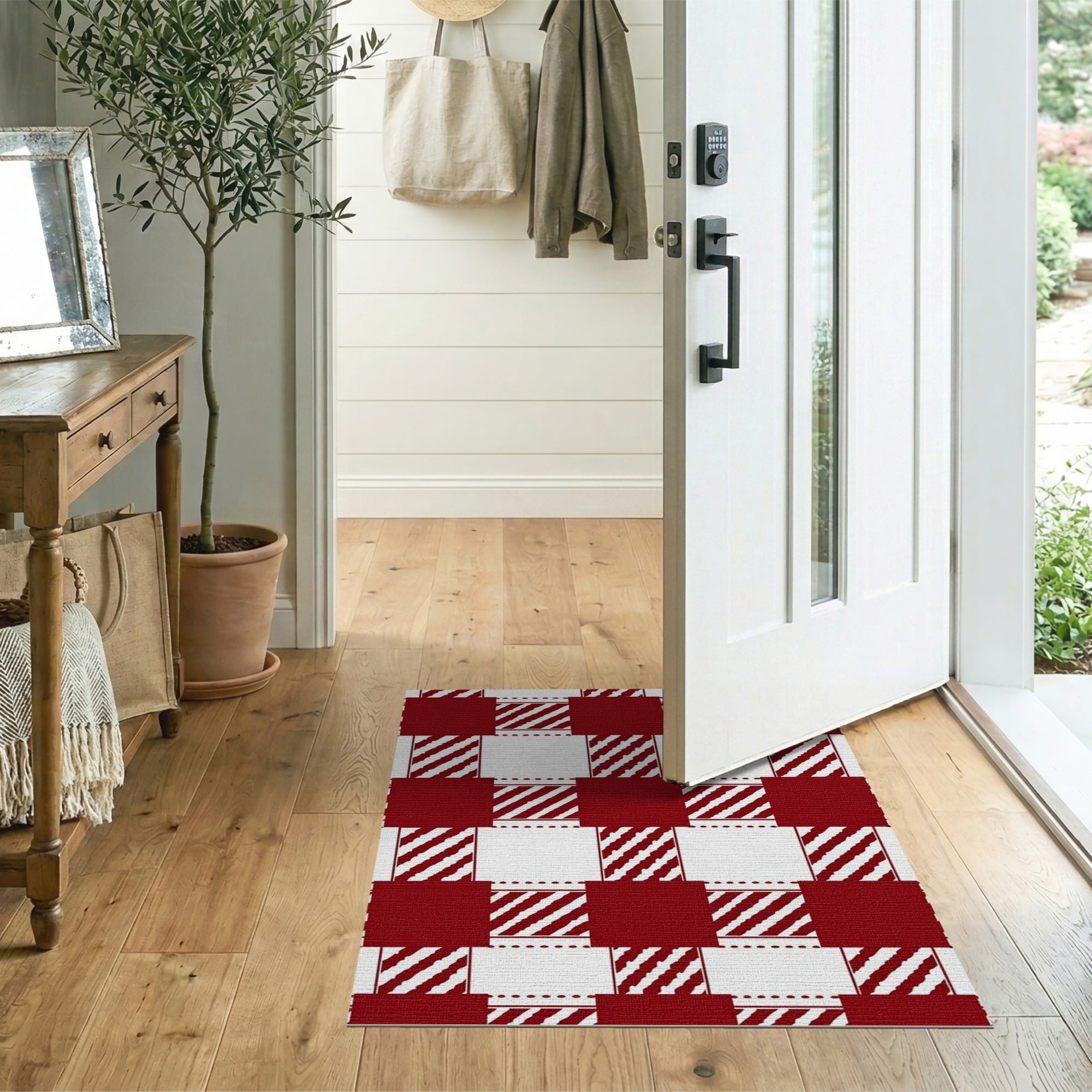 Bold Red White Plaid Farmhouse Area Rug