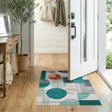 ODIKA Washable Mid-Century Modern Geometric Area Rug, Teal & Orange Low Pile Carpet