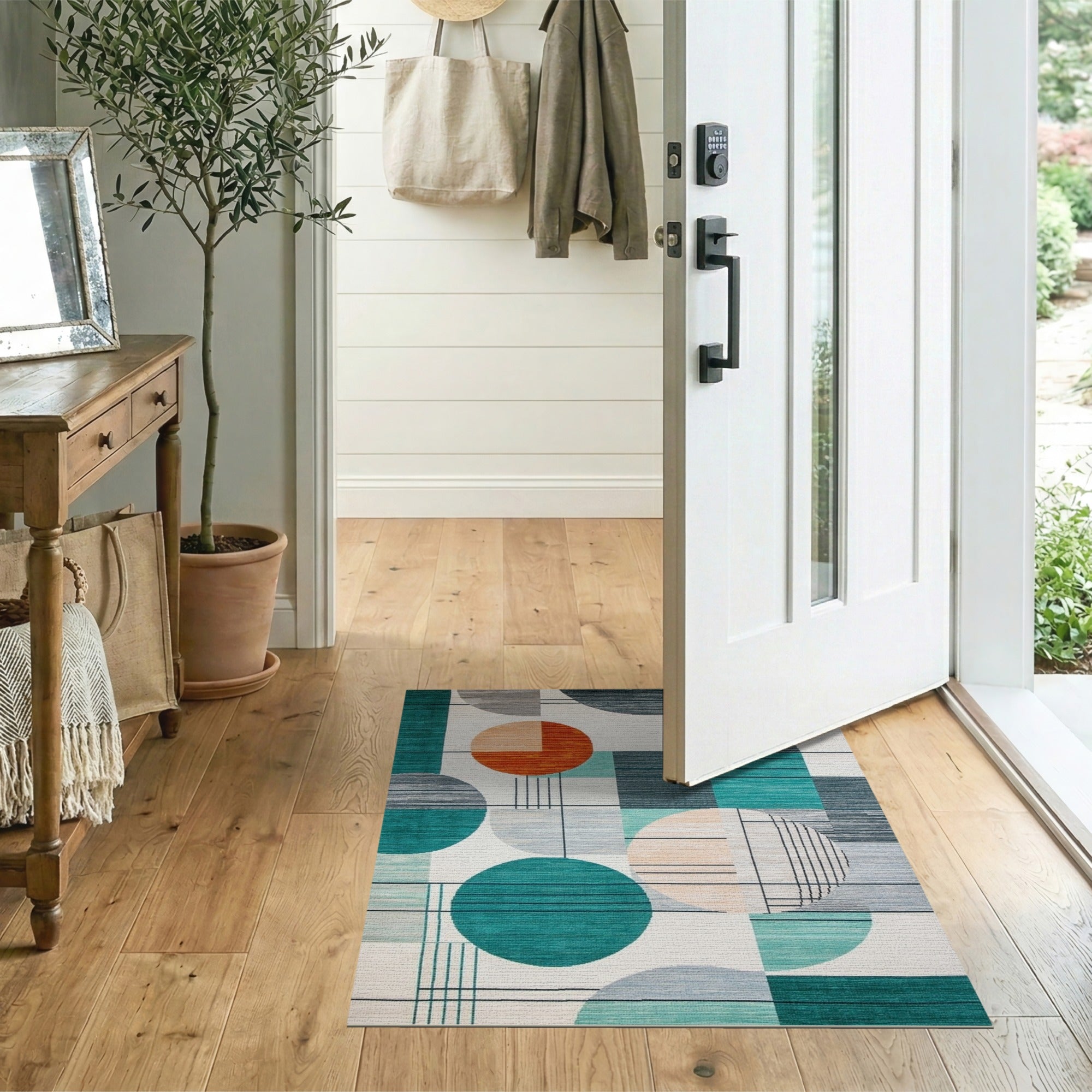 ODIKA Washable Mid-Century Modern Geometric Area Rug, Teal & Orange Low Pile Carpet