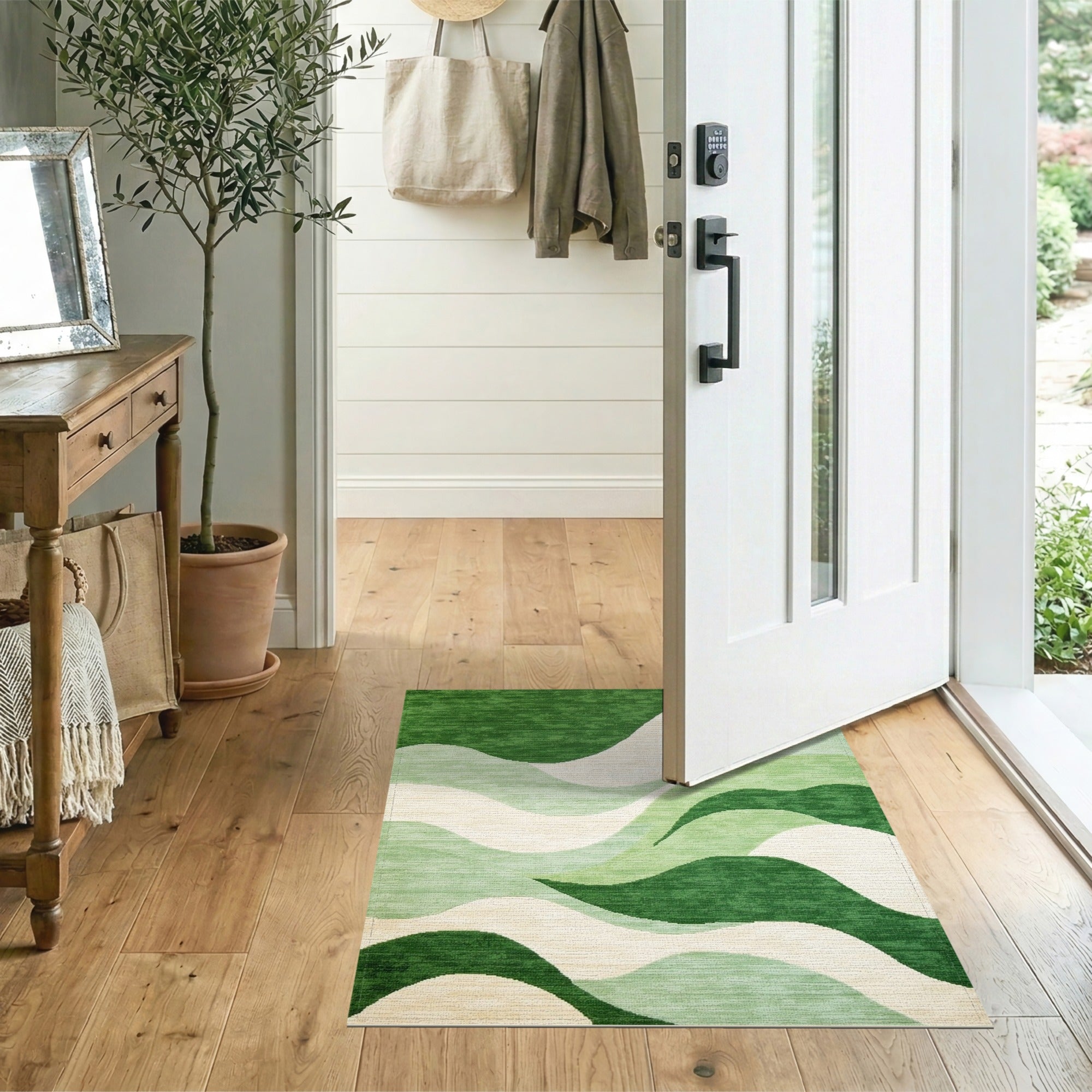Serene Green Waves Abstract Area Rug