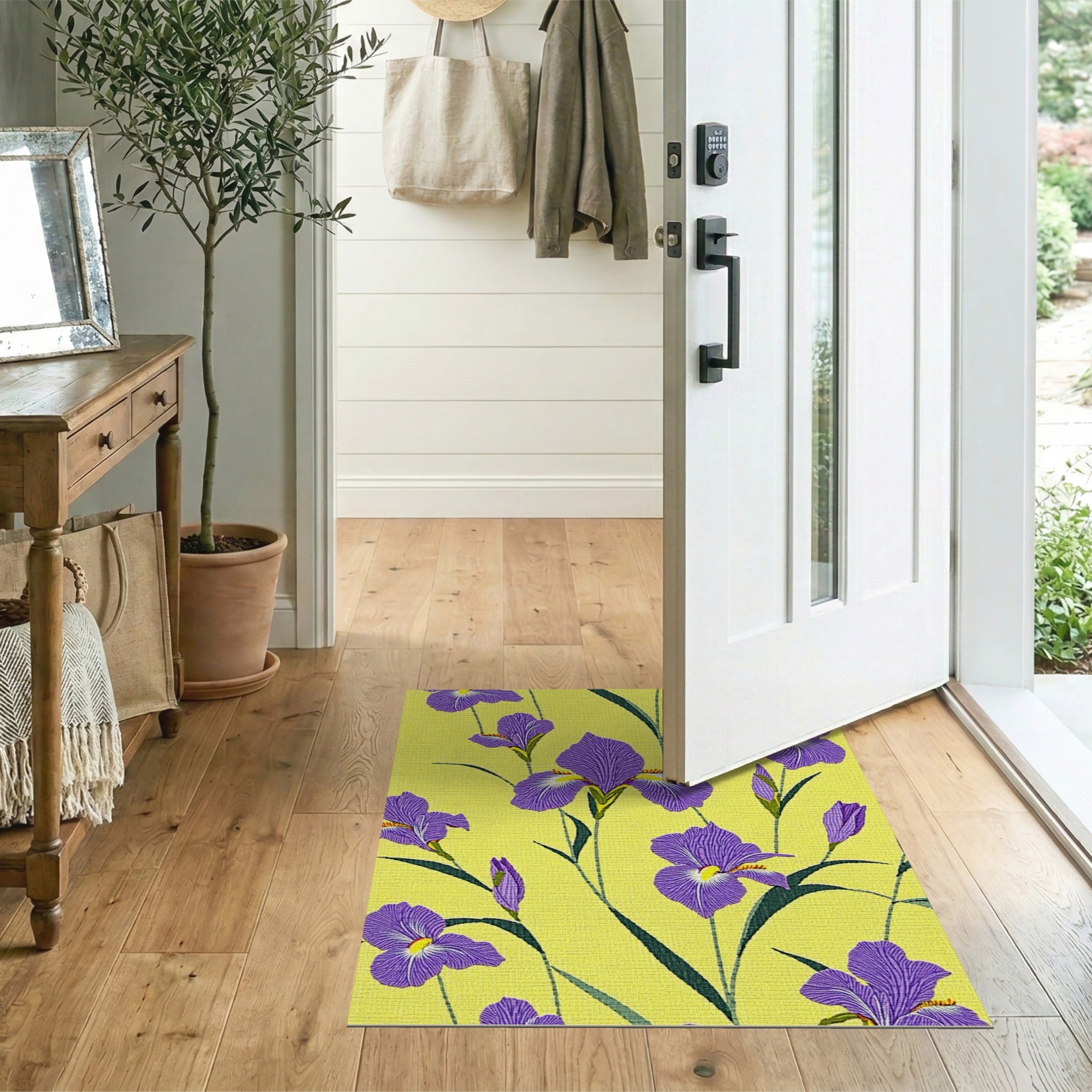 Purple Iris Floral Area Rug on Sunny Yellow