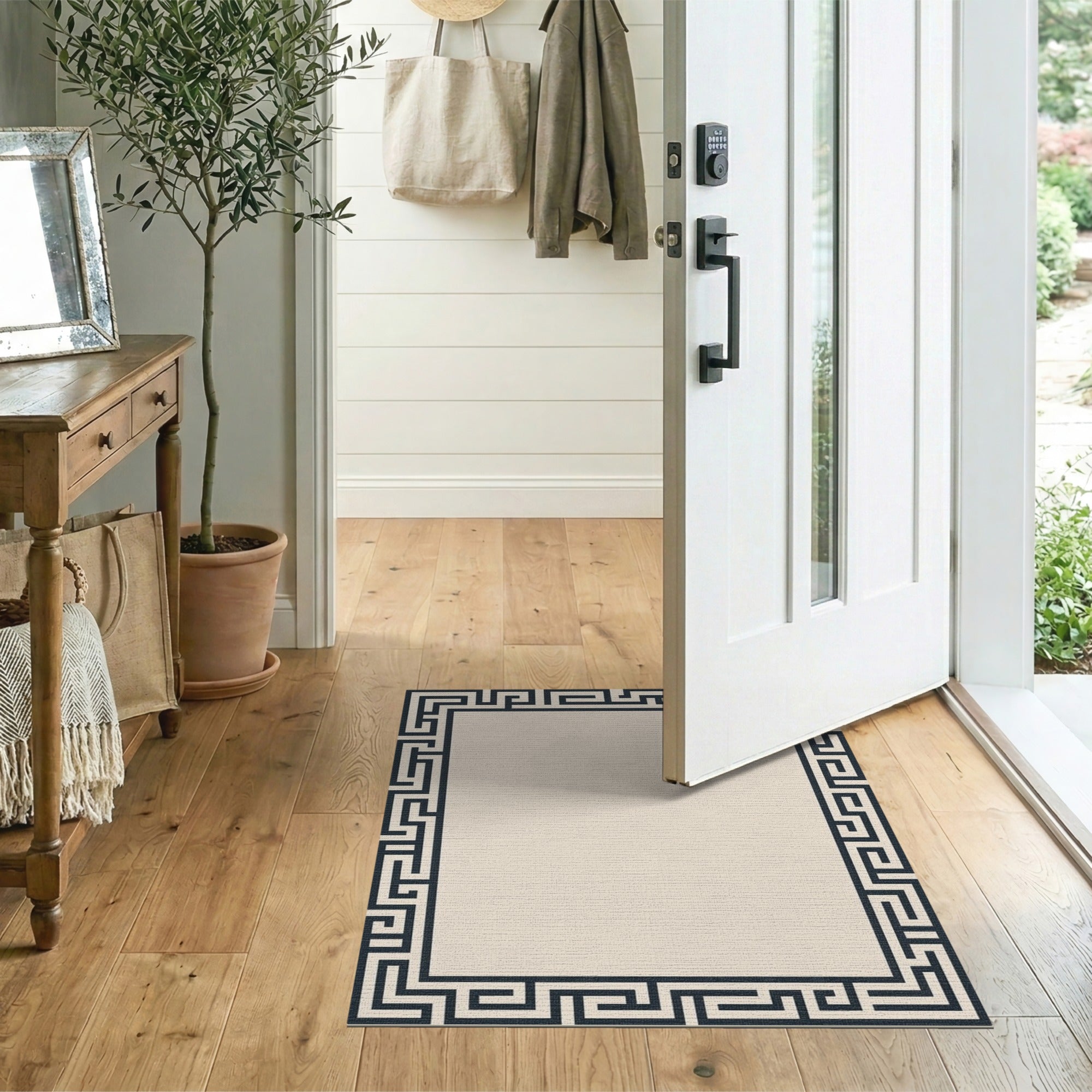 Cream Rug with Black Greek Key Border