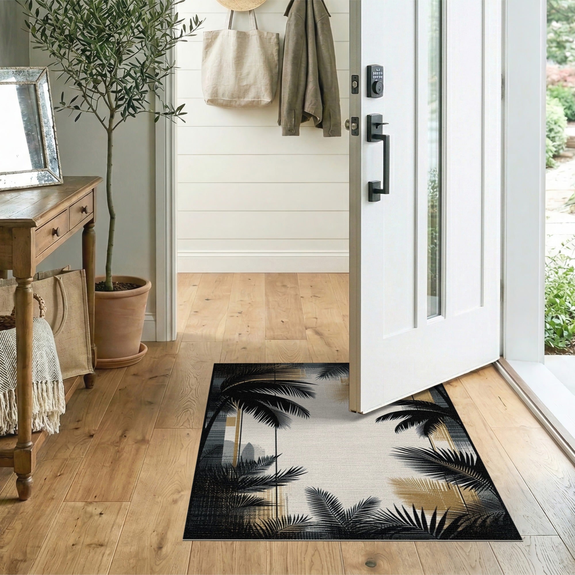 Grey Palm Silhouette City Skyline Area Rug