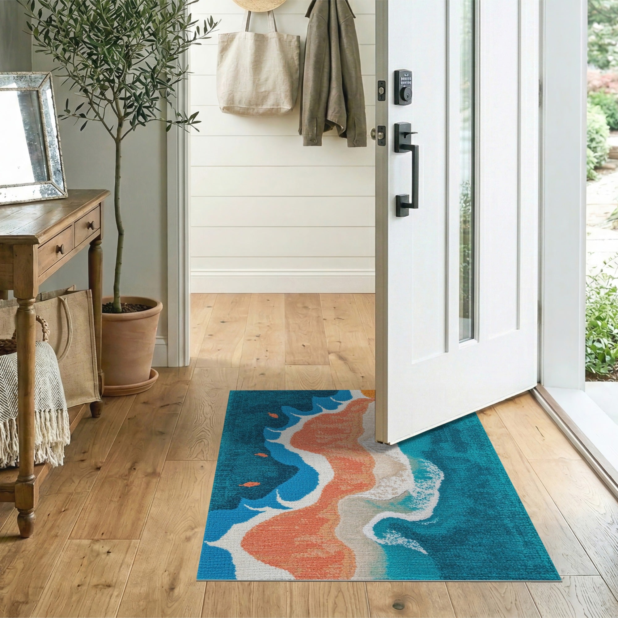 Teal Ocean Waves Sandy Beach Fish Area Rug