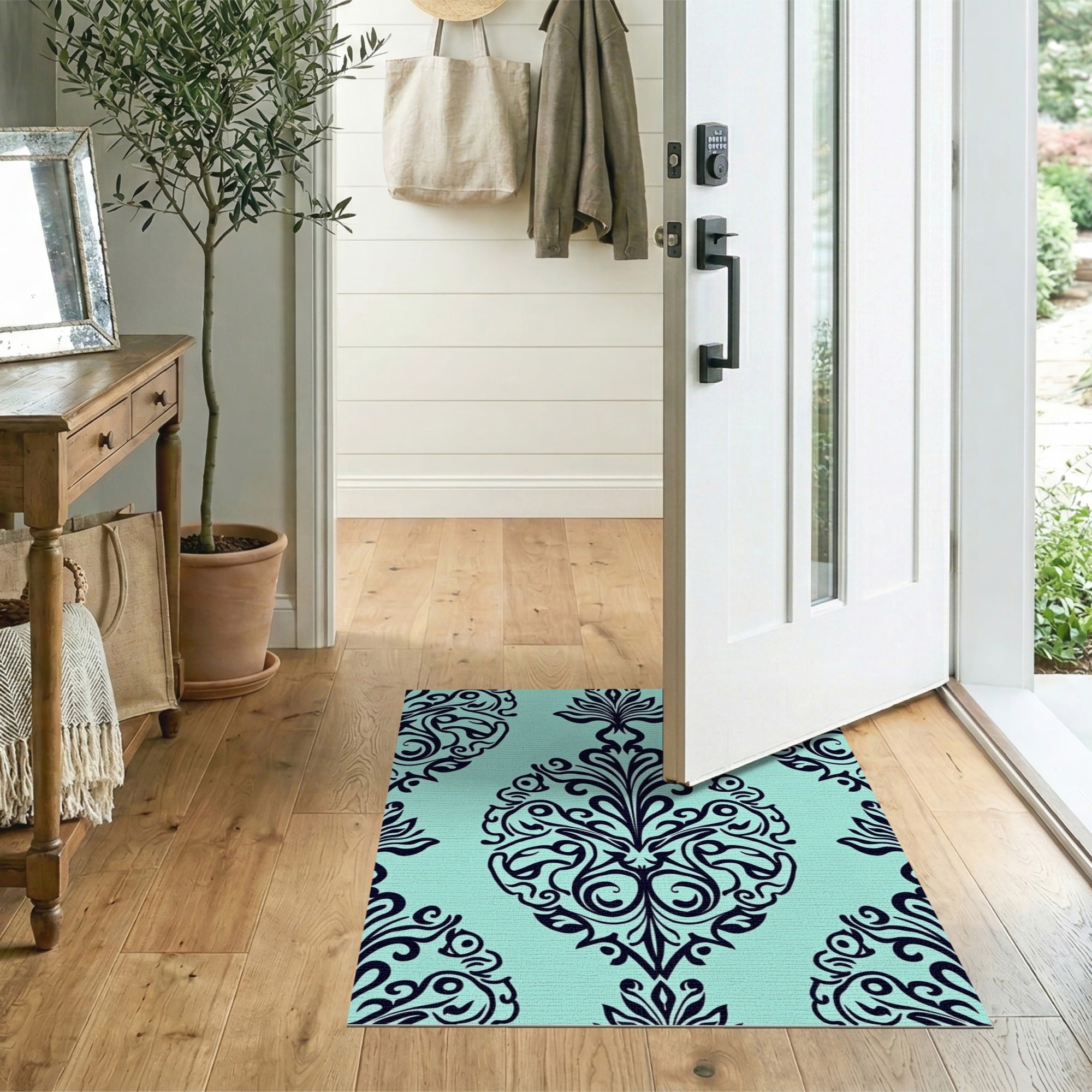 Floral Vintage Blue and Teal Teal Damask Floral Area Rug