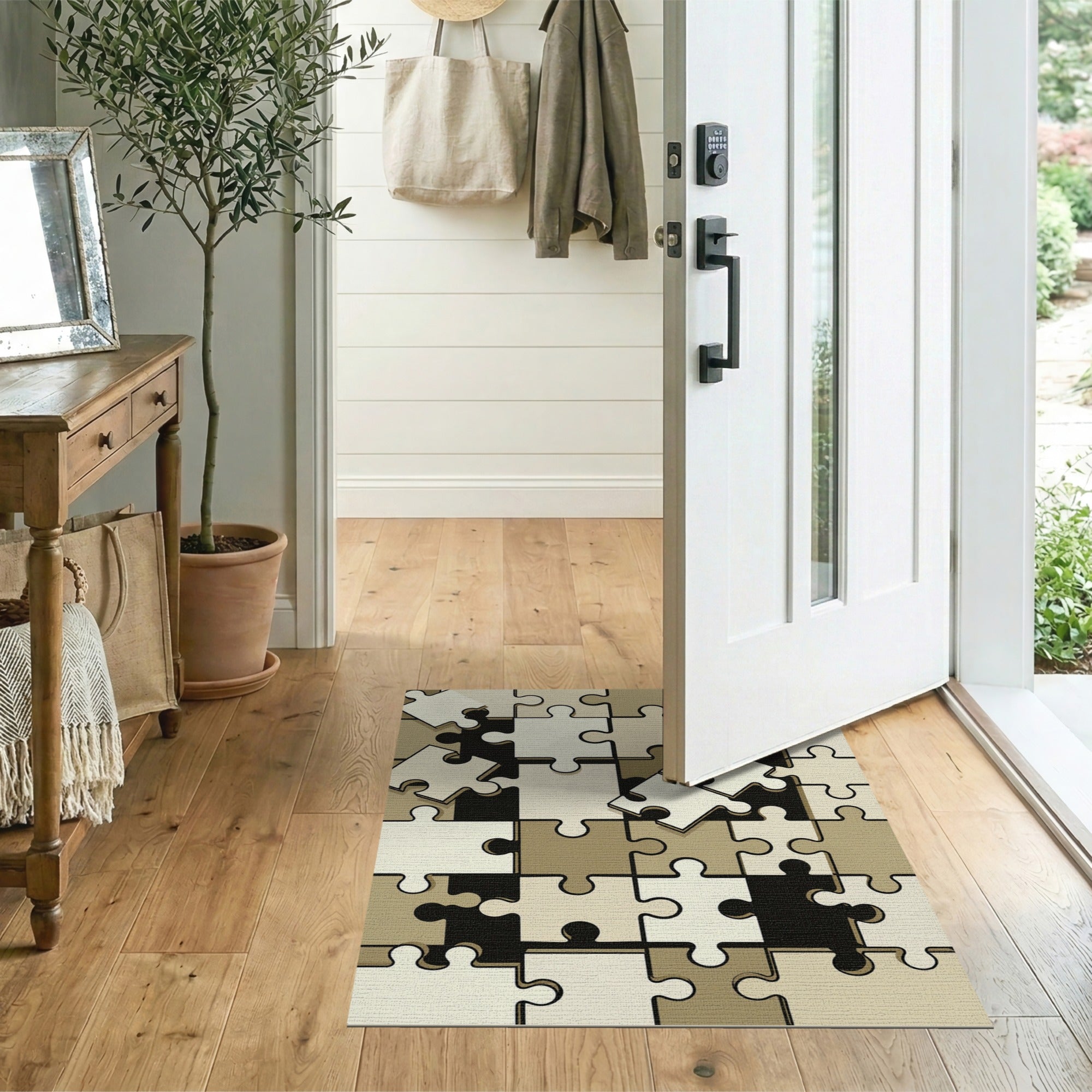 Interlocking Puzzle Beige Area Rug