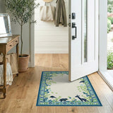 Navy Blue Floral Border Area Rug with Deer Birds