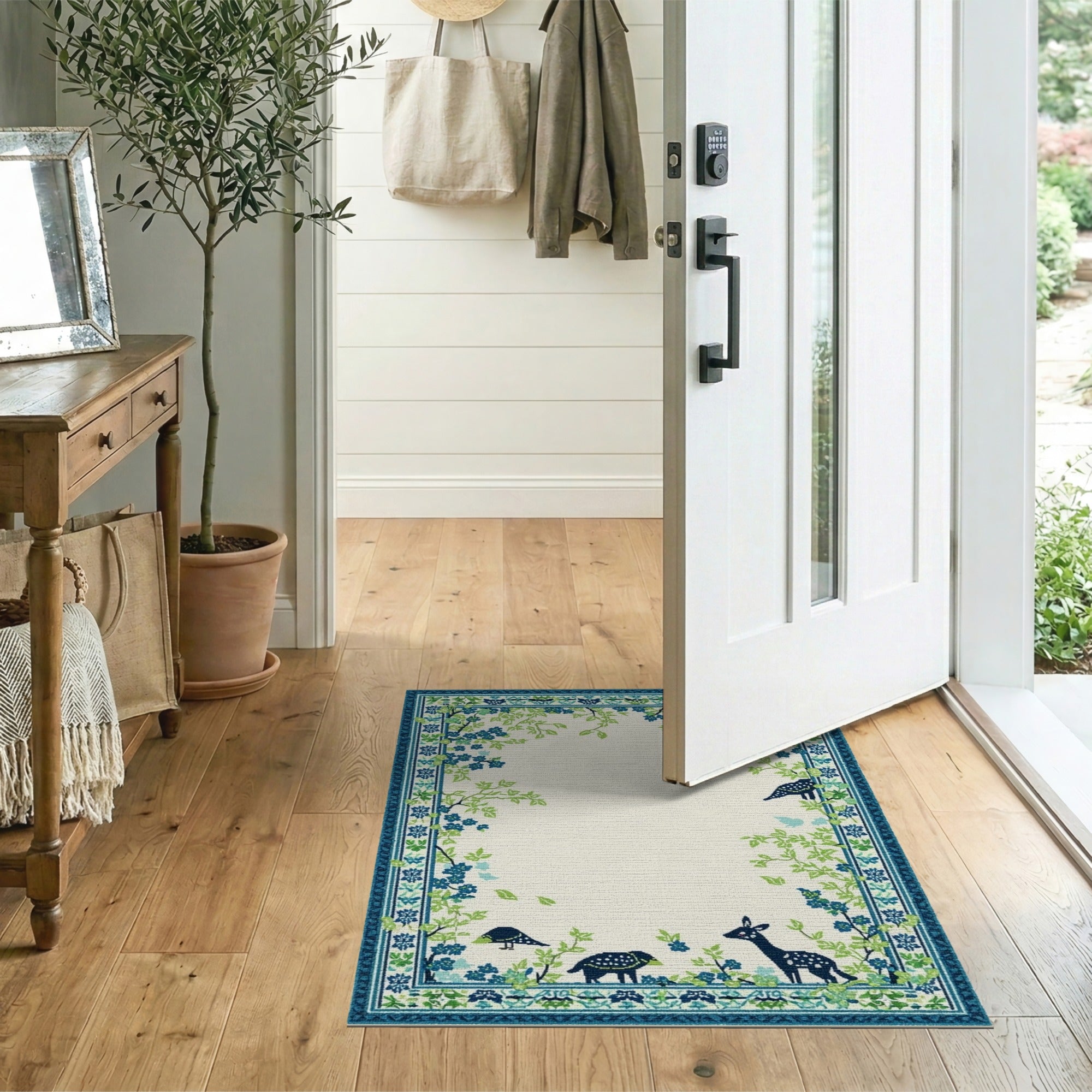 Navy Blue Floral Border Area Rug with Deer Birds