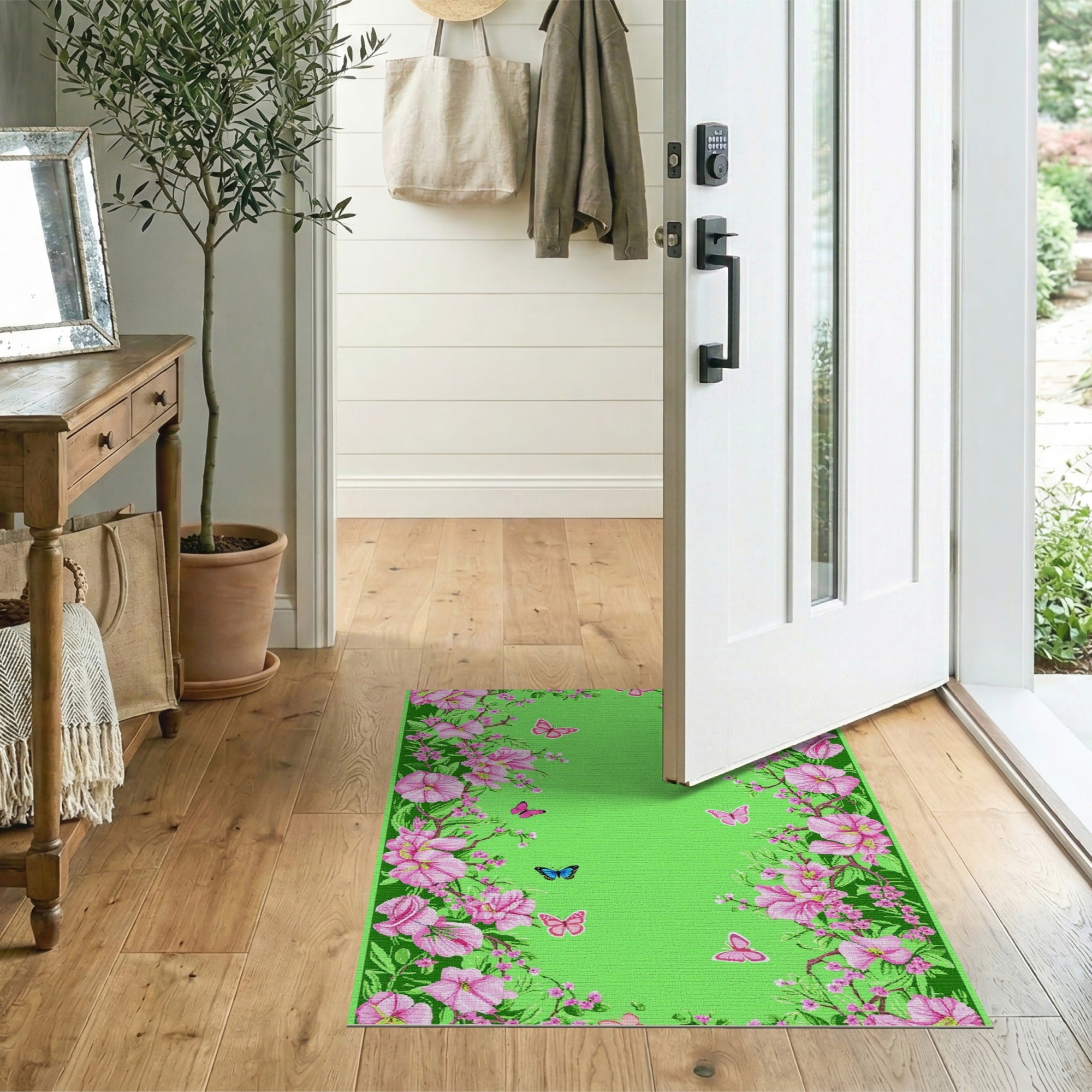 Pink Hibiscus Butterflies Floral Area Rug