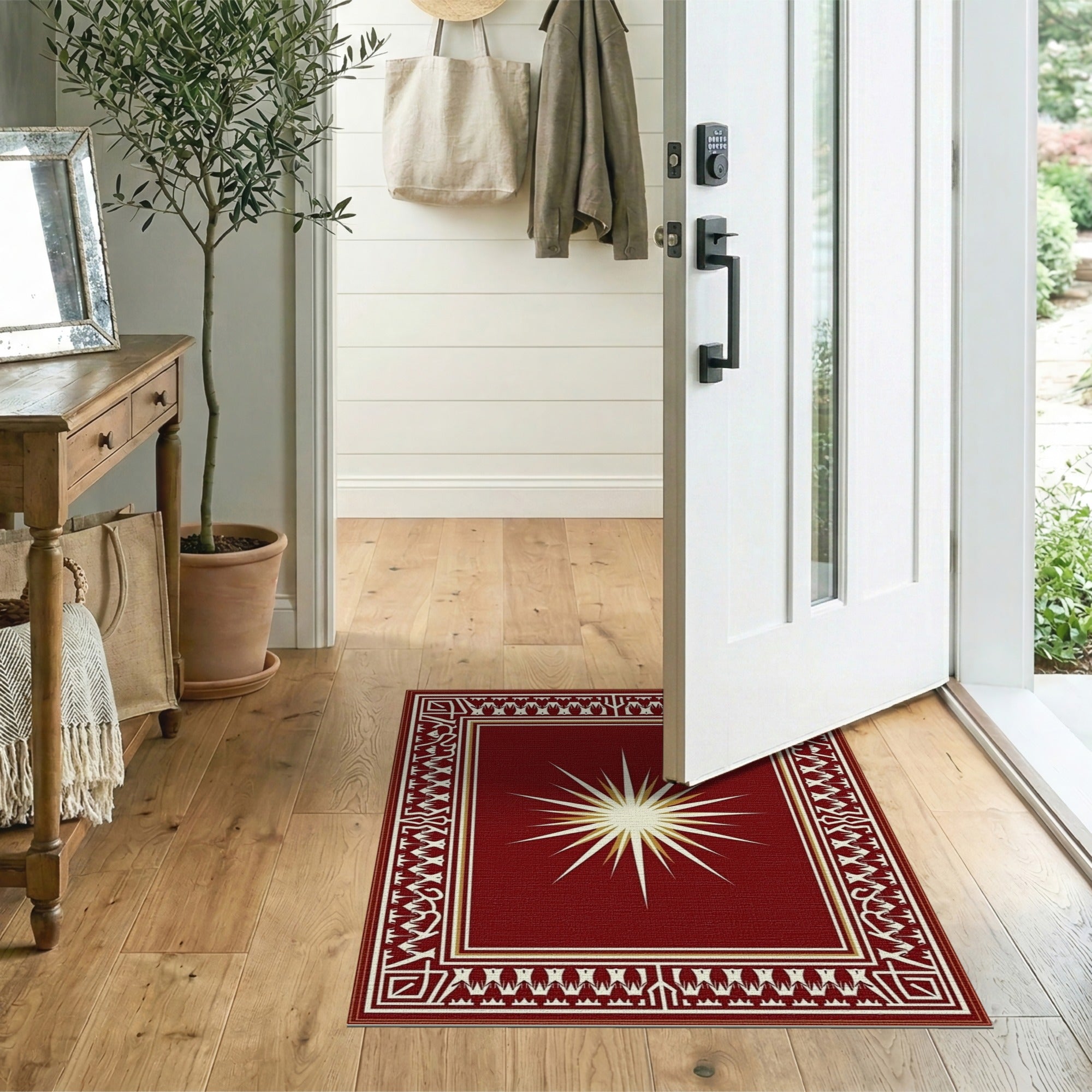 ODIKA Washable Low Pile Area Rug - Deep Red Sunburst Vintage Geometric Non-Slip Rug