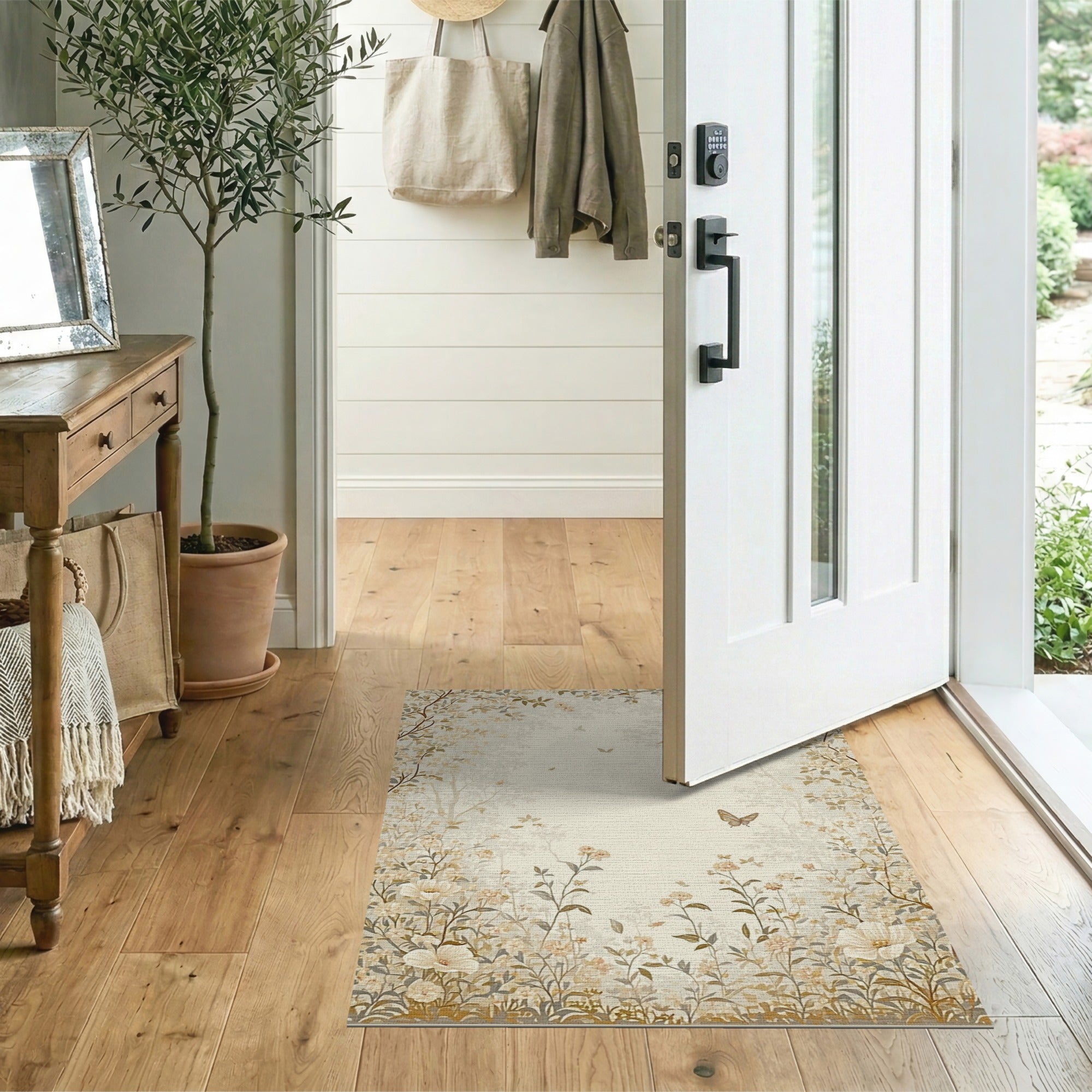 Beige Floral Garden Area Rug with Butterflies