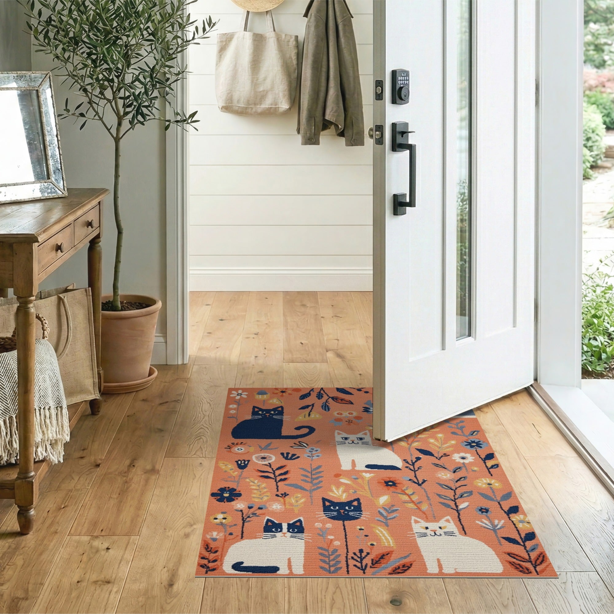 ODIKA Washable Whimsical Cat & Floral Area Rug, Non-Slip Low Pile Pet Friendly Carpet
