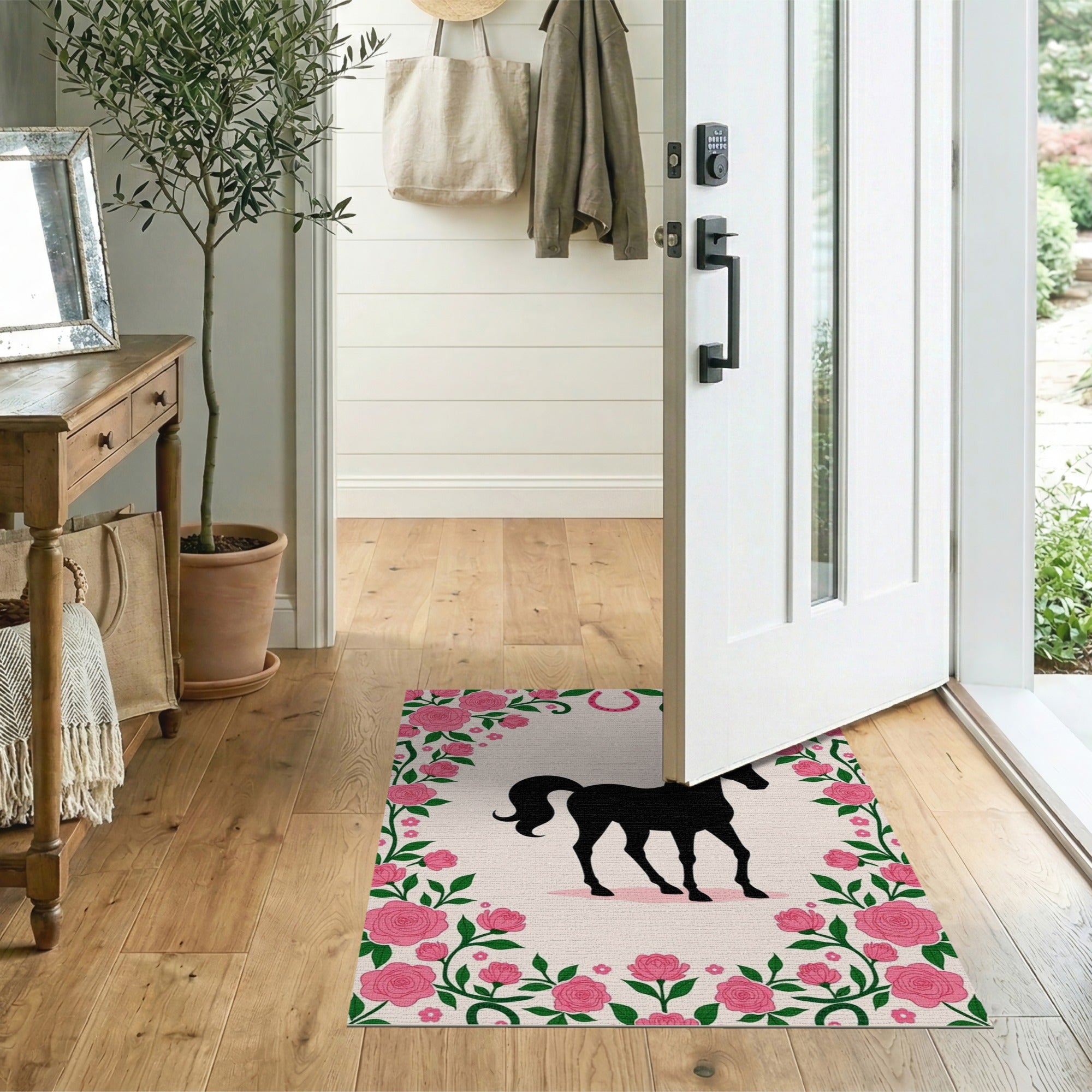 Pink Roses Black Horse Silhouette Area Rug