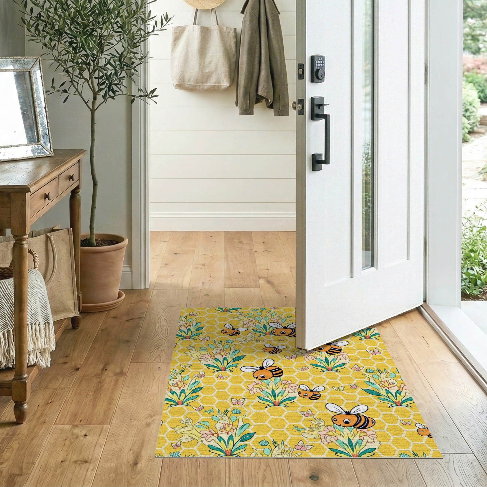 ODIKA Washable Bee & Honeycomb Low Pile Kids Area Rug - Non-Slip