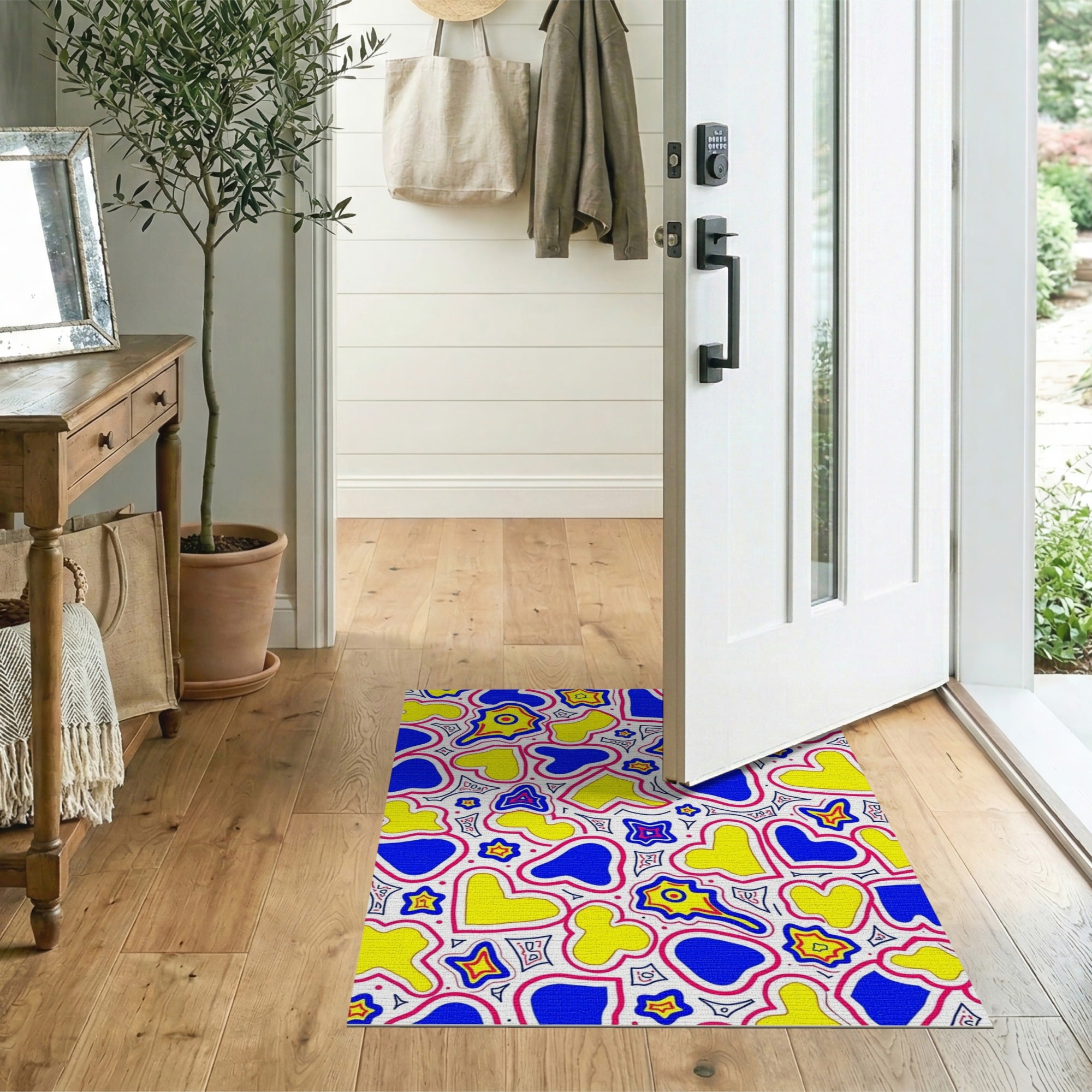 Playful Yellow Blue Hearts Stars Area Rug