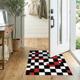 Black White Geometric Area Rug with Red Accents