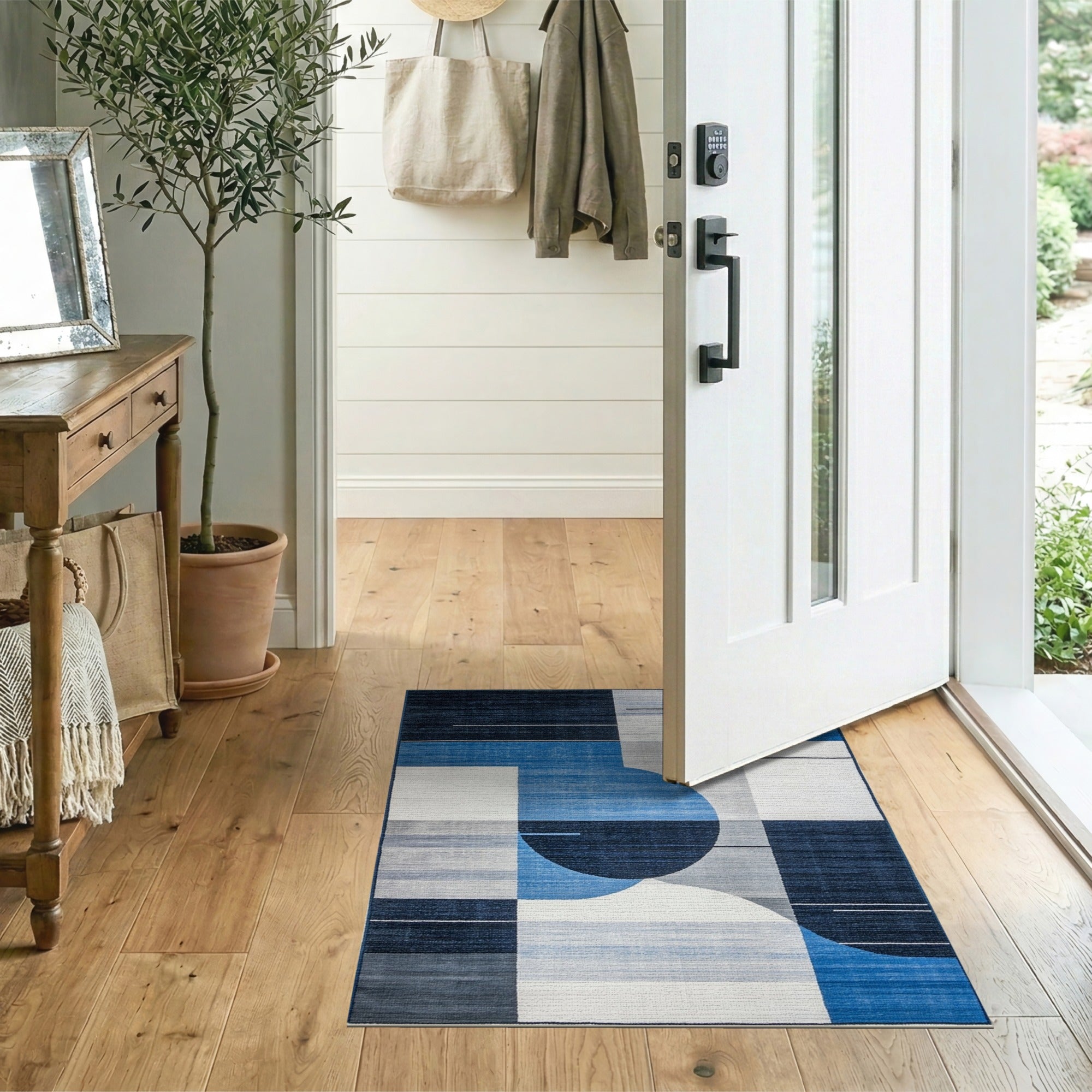 Blue and Teal Geometric Modern Navy Blue Geometric Abstract Area Rug