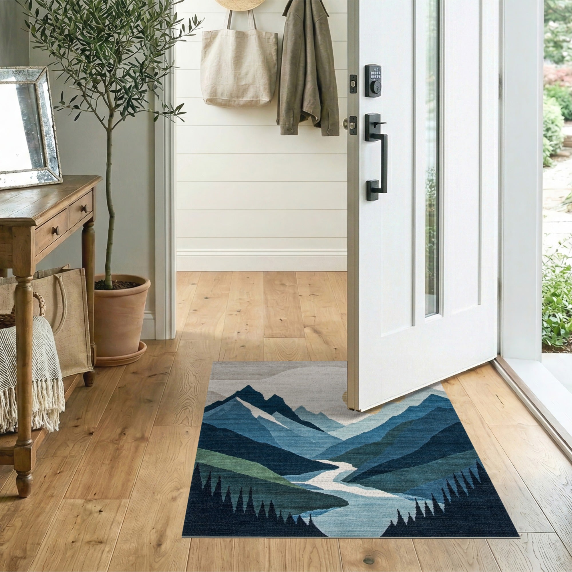 Washable Modern Abstract Mountain Landscape Area Rug - Low Pile & Non-Slip