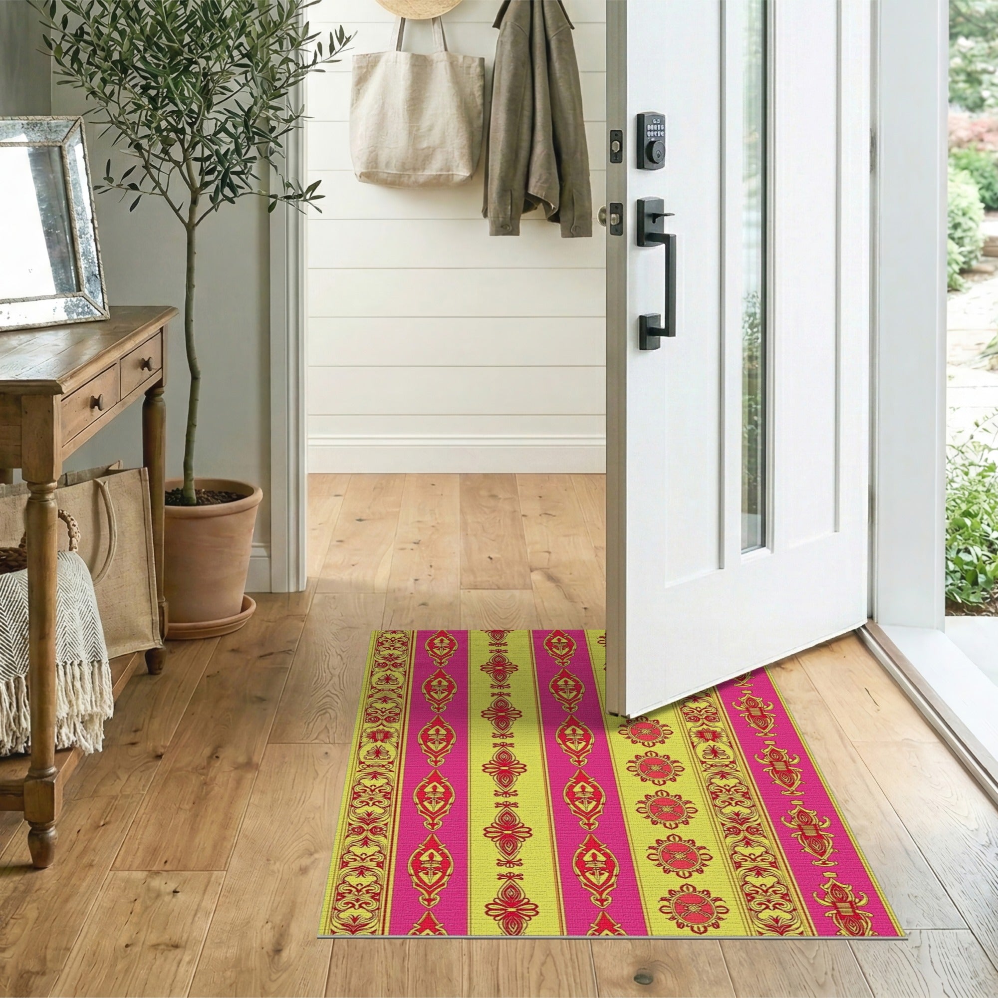 Vibrant Pink Yellow Ornate Striped Persian Rug