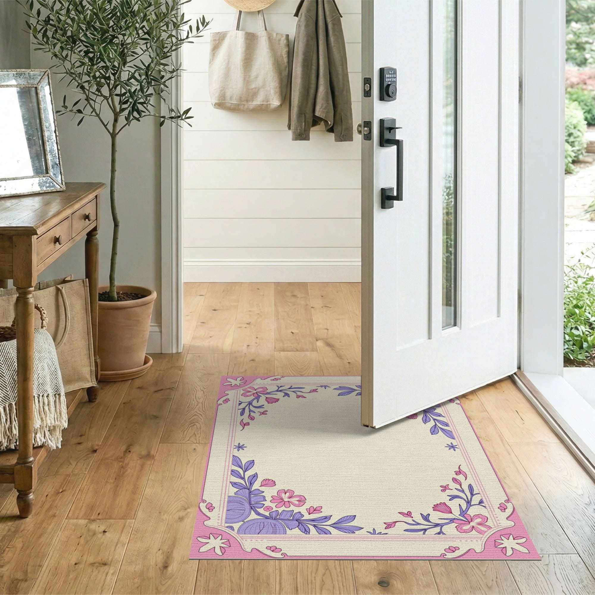 Ornate Pink Floral Frame Area Rug