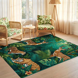 ODIKA Jungle Wildlife Washable Area Rug - Green Tropical Forest Tiger & Deer Low Pile