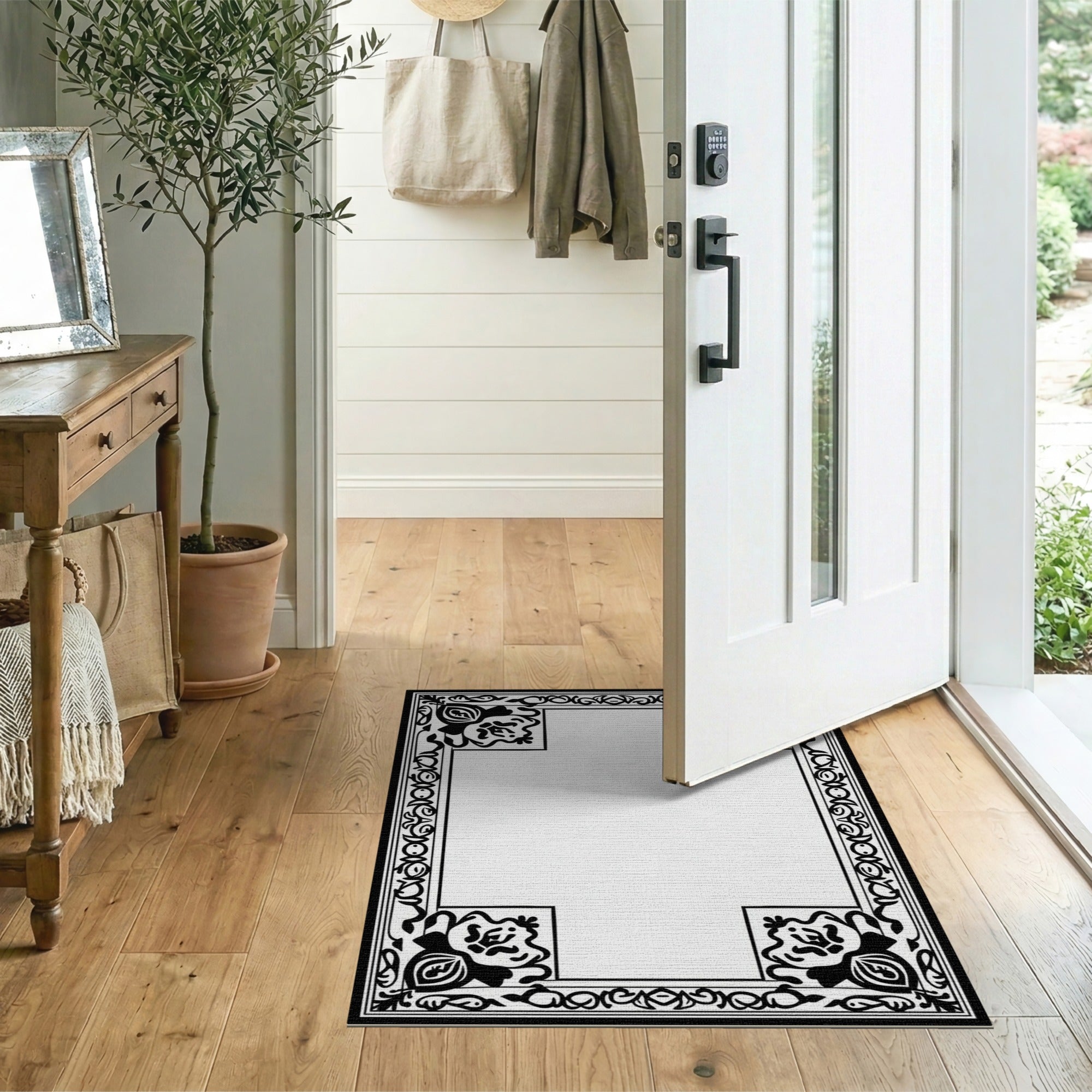 Black and White Floral Vintage Ornate Floral Frame Black White Area Rug