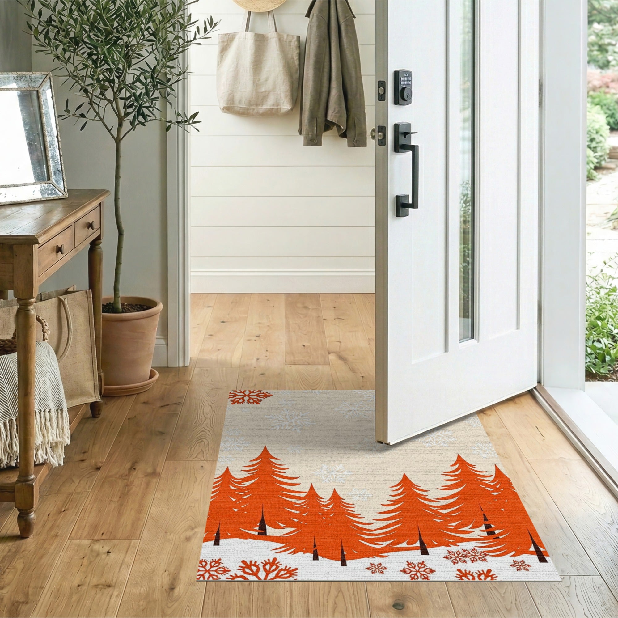 Orange Pine Forest Winter Snow Rug