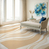 Beige and Neutral Beige Wavy Abstract Washable Area Rug