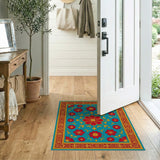 Teal Persian Floral Medallion Rug with Red Blooms Gold Border