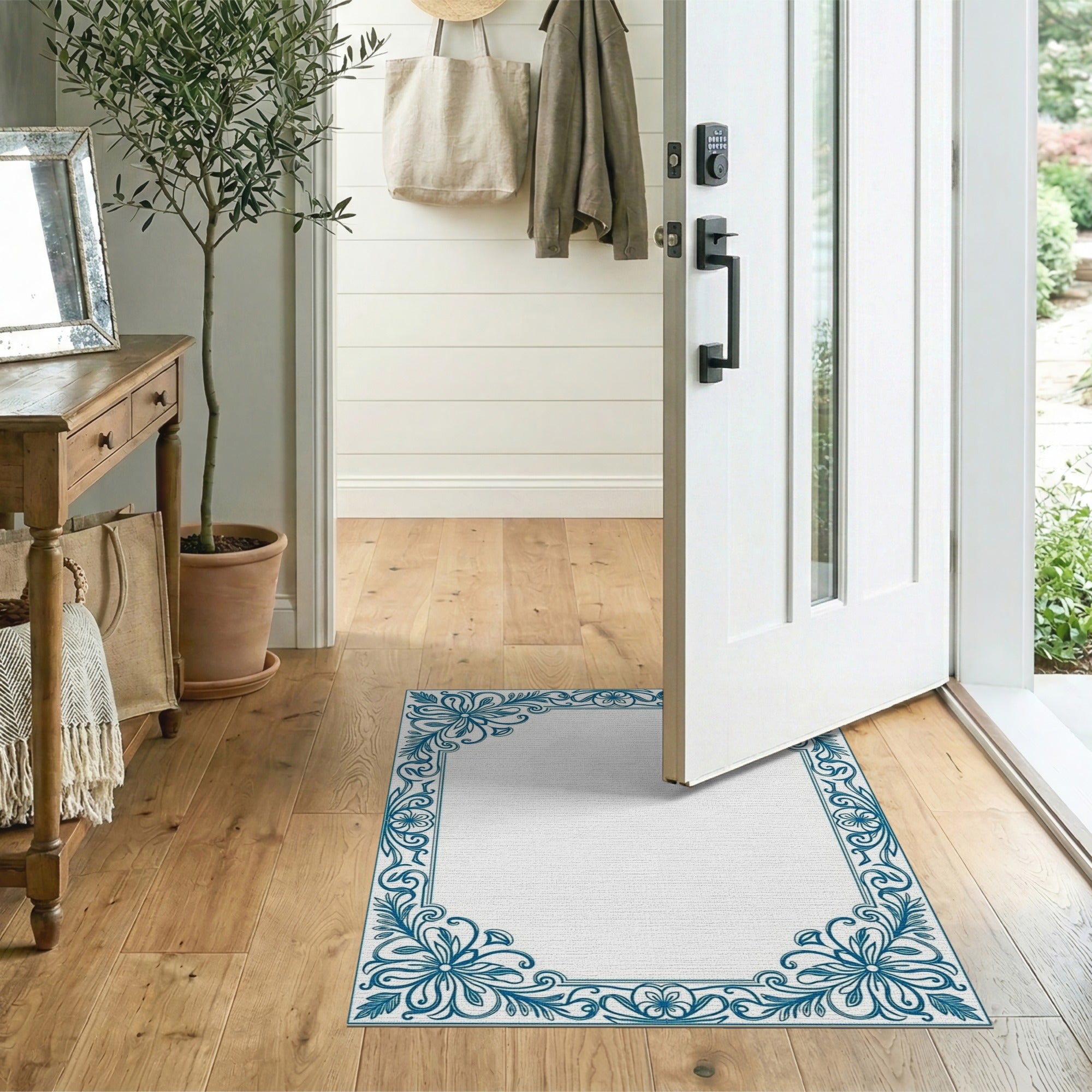Ornate Blue Floral Border Floral Vintage Area Rug