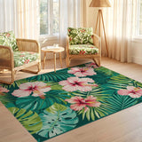ODIKA Tropical Hibiscus Pink Floral Washable Area Rug, Low Pile Non-Slip Jungle Leaf Carpet for Living Room