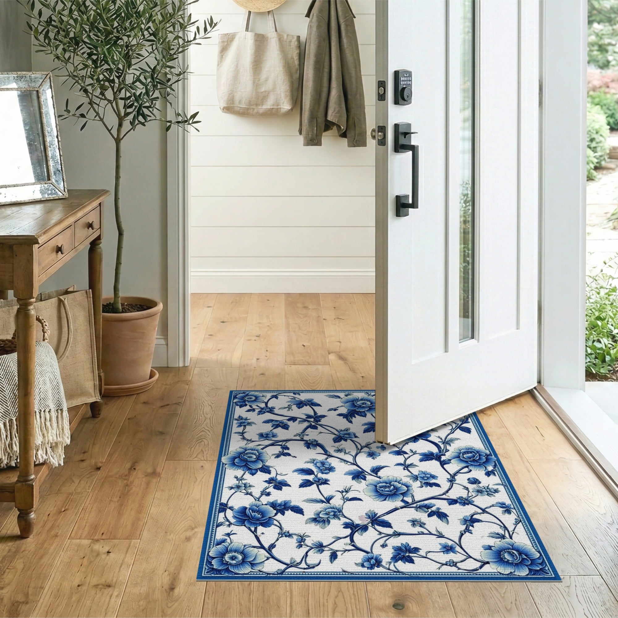 ODIKA Blue and White Vintage Floral Machine Washable Rug - Low Pile Non-Slip Area Rug
