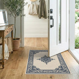 Ornate Navy Floral Border Beige Area Rug