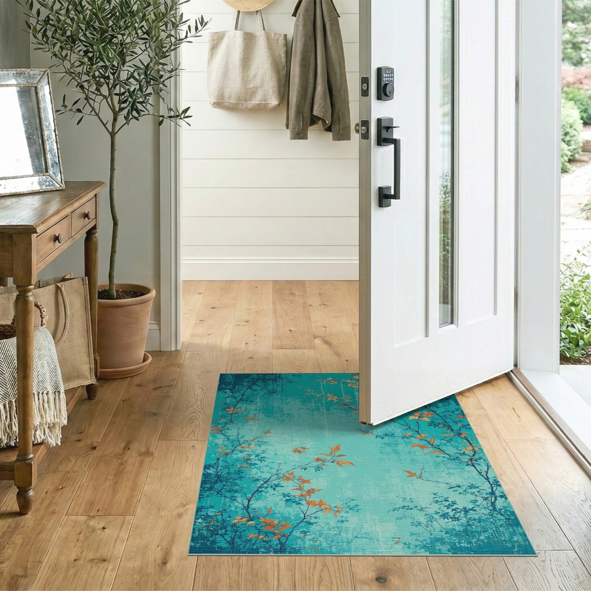 Distressed Teal Autumn Leaves Area Rug