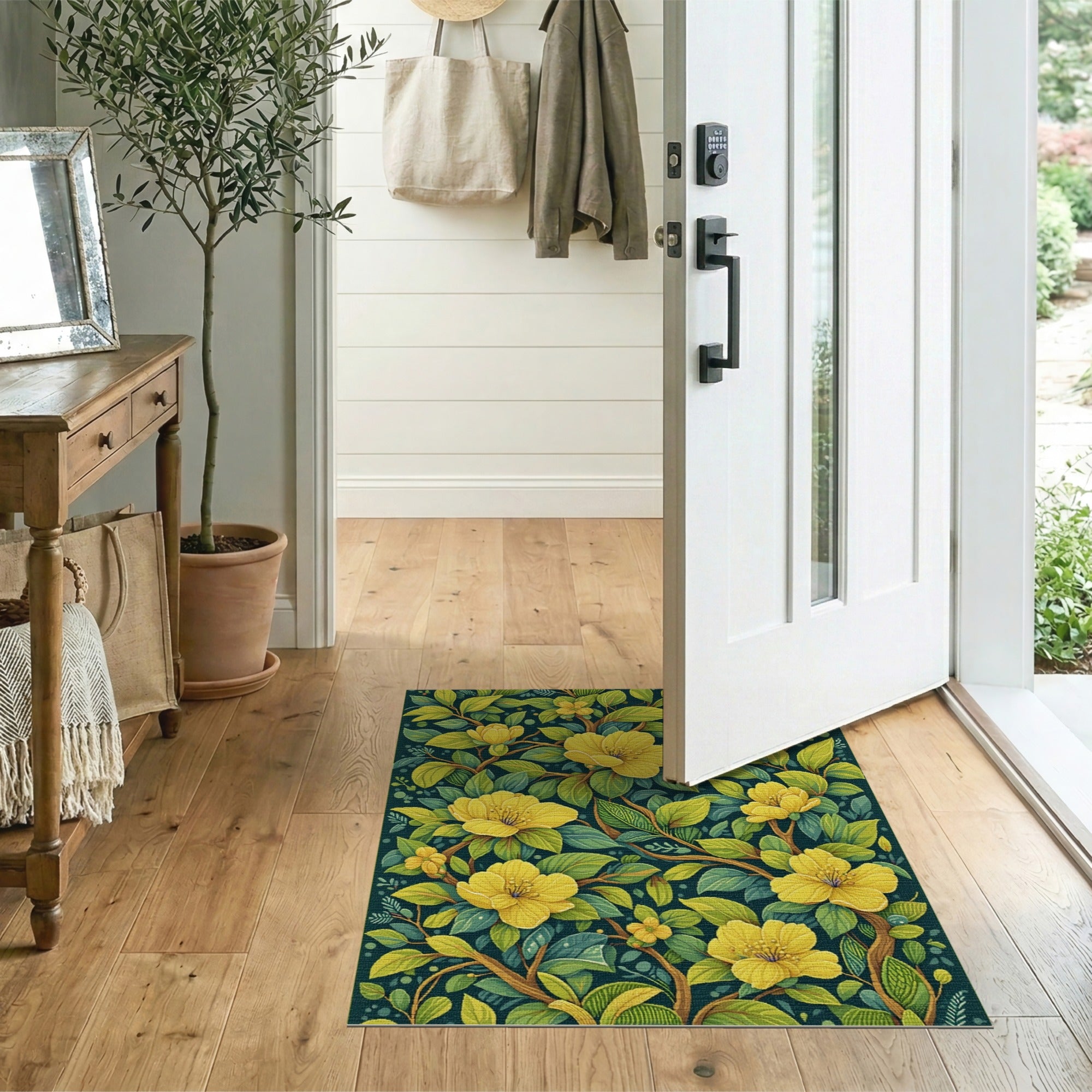 Lush Yellow Blossoms Green Foliage Area Rug