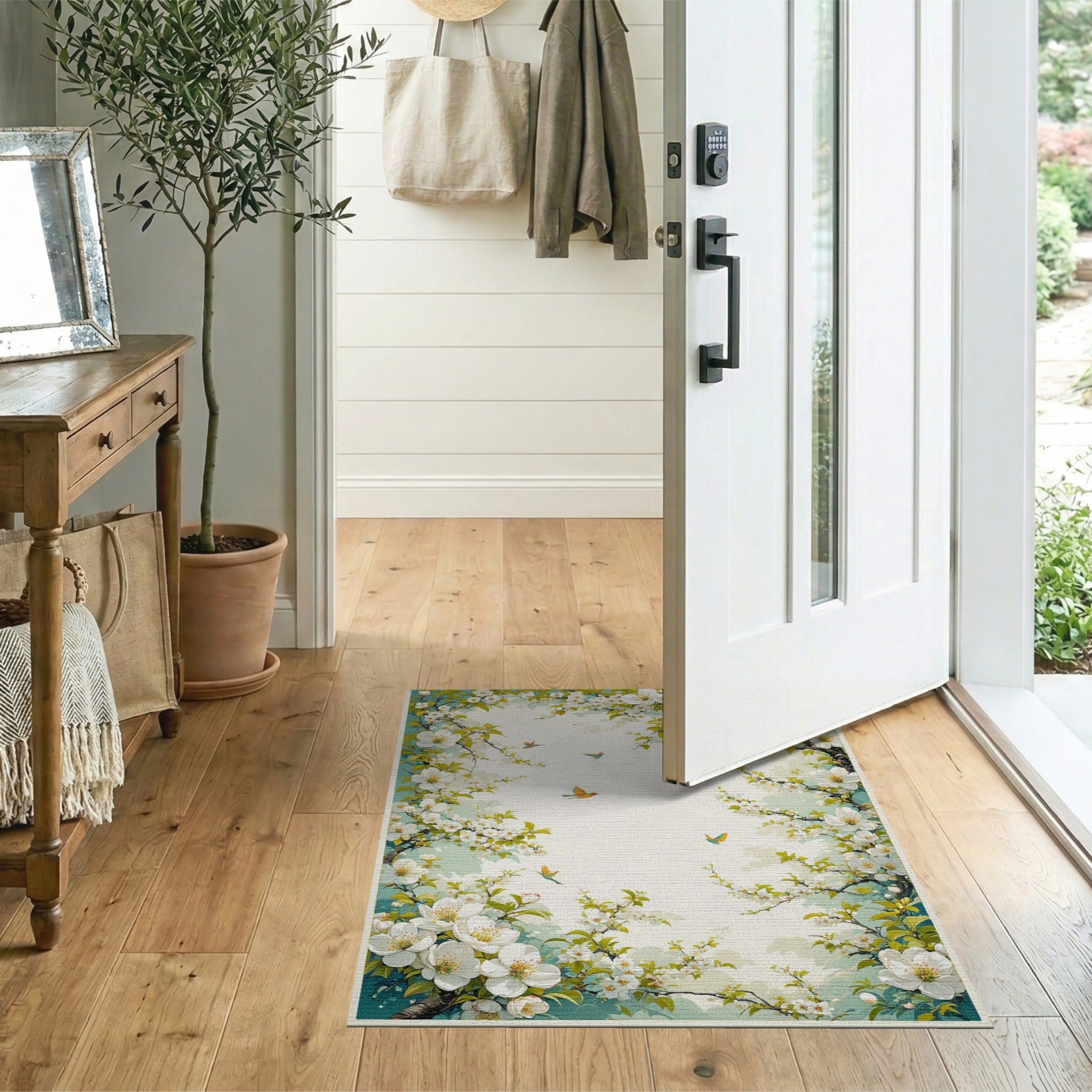 Cherry Blossom Hummingbird Floral Area Rug