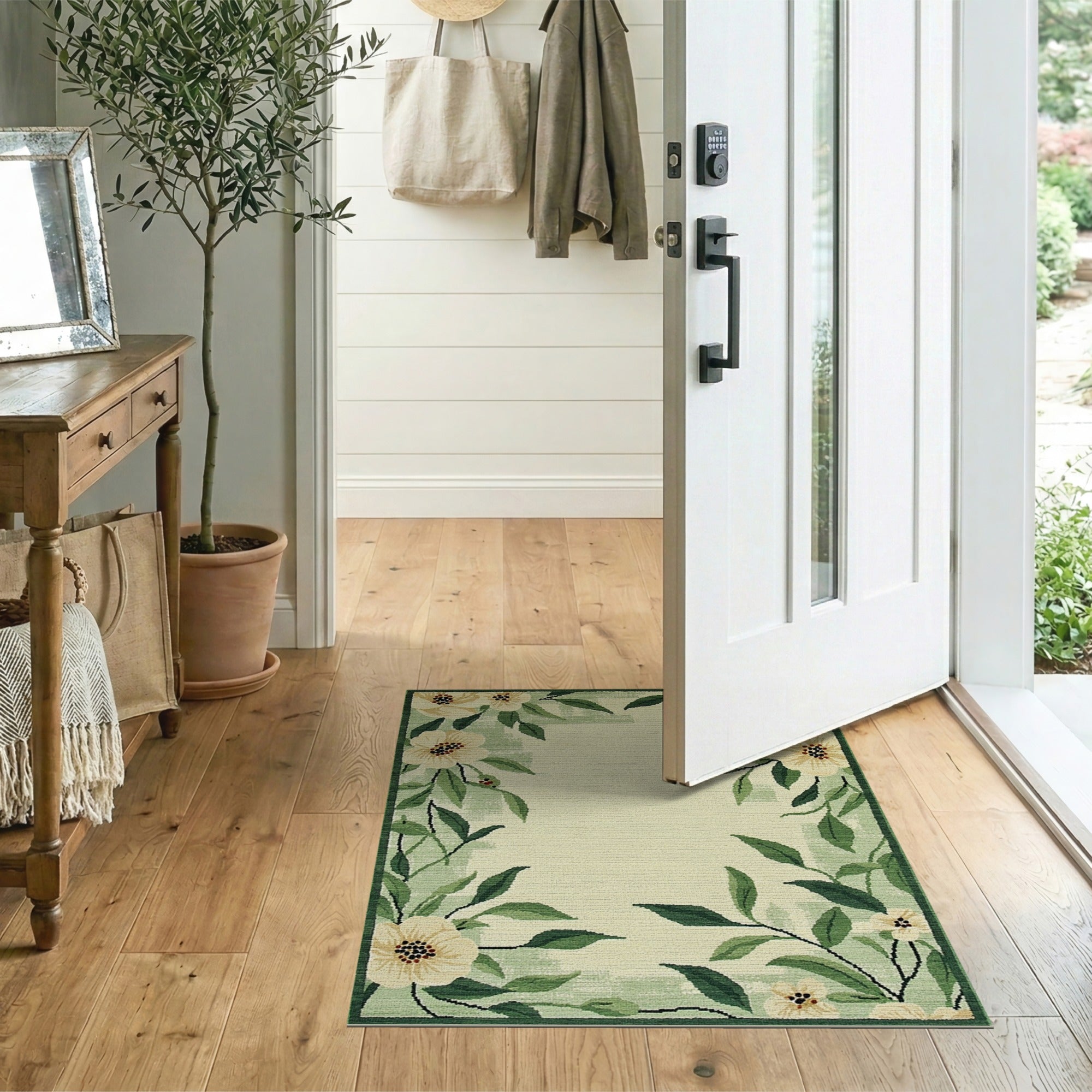Green Border Floral Cream Area Rug