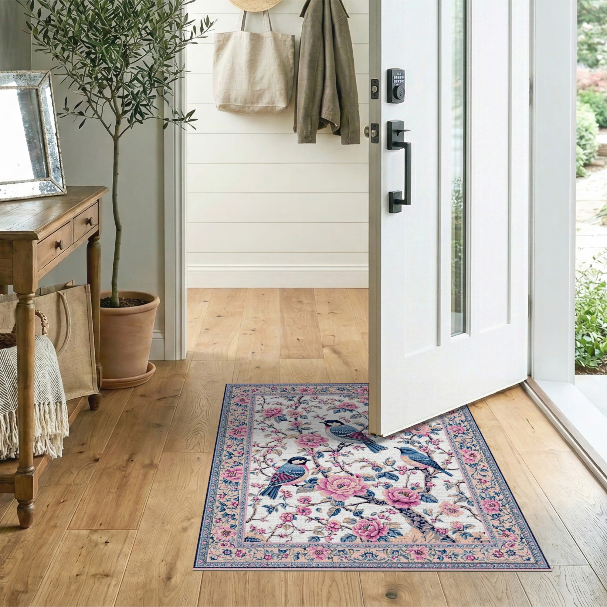 Blue Birds Pink Blossoms Floral Area Rug