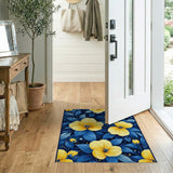 Vibrant Yellow Flowers on Navy Blue Leaves Rug