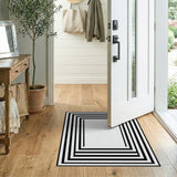 Modern Black & White Geometric Border Washable Area Rug, Low Pile & Non-Slip