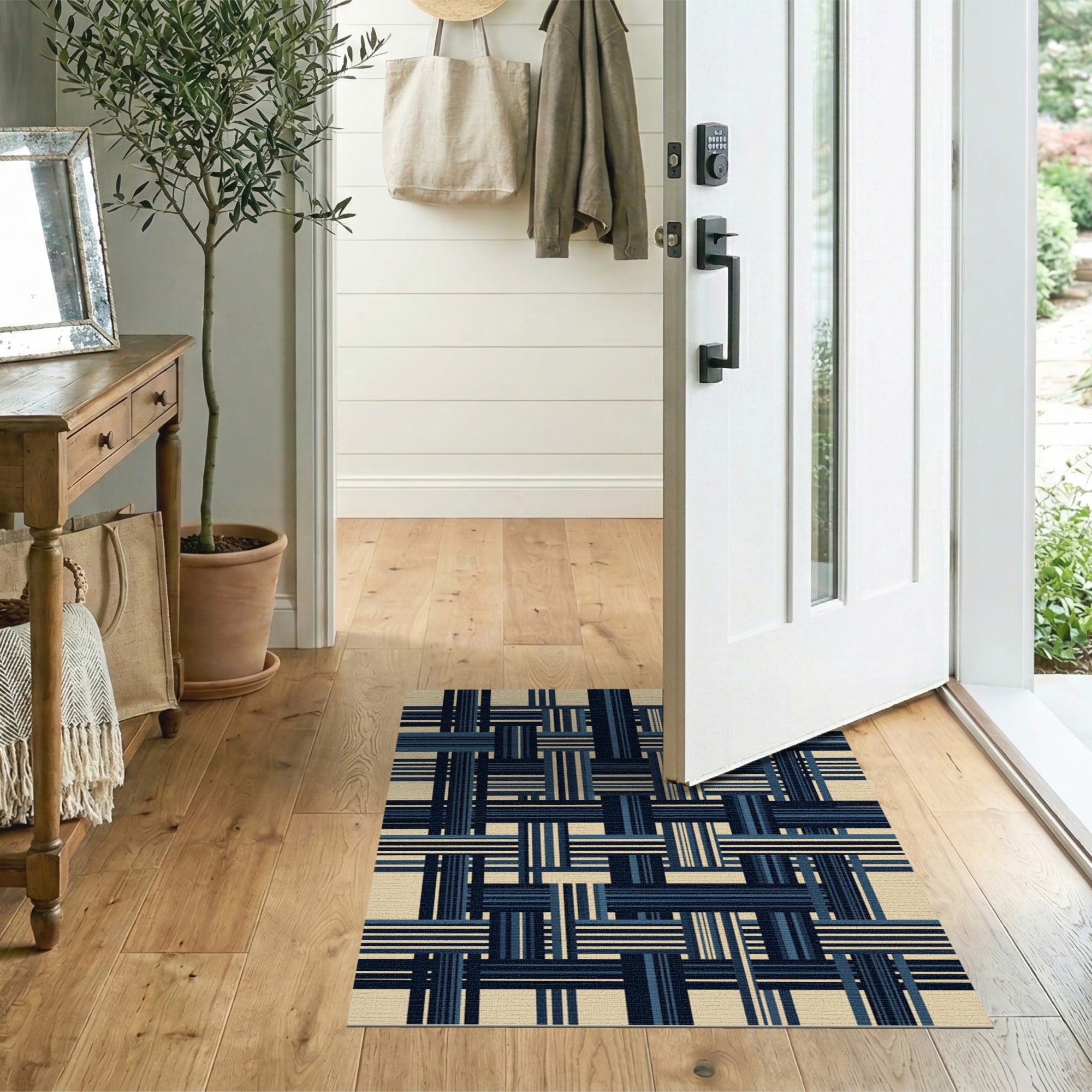 Navy Blue Basketweave Plaid Area Rug