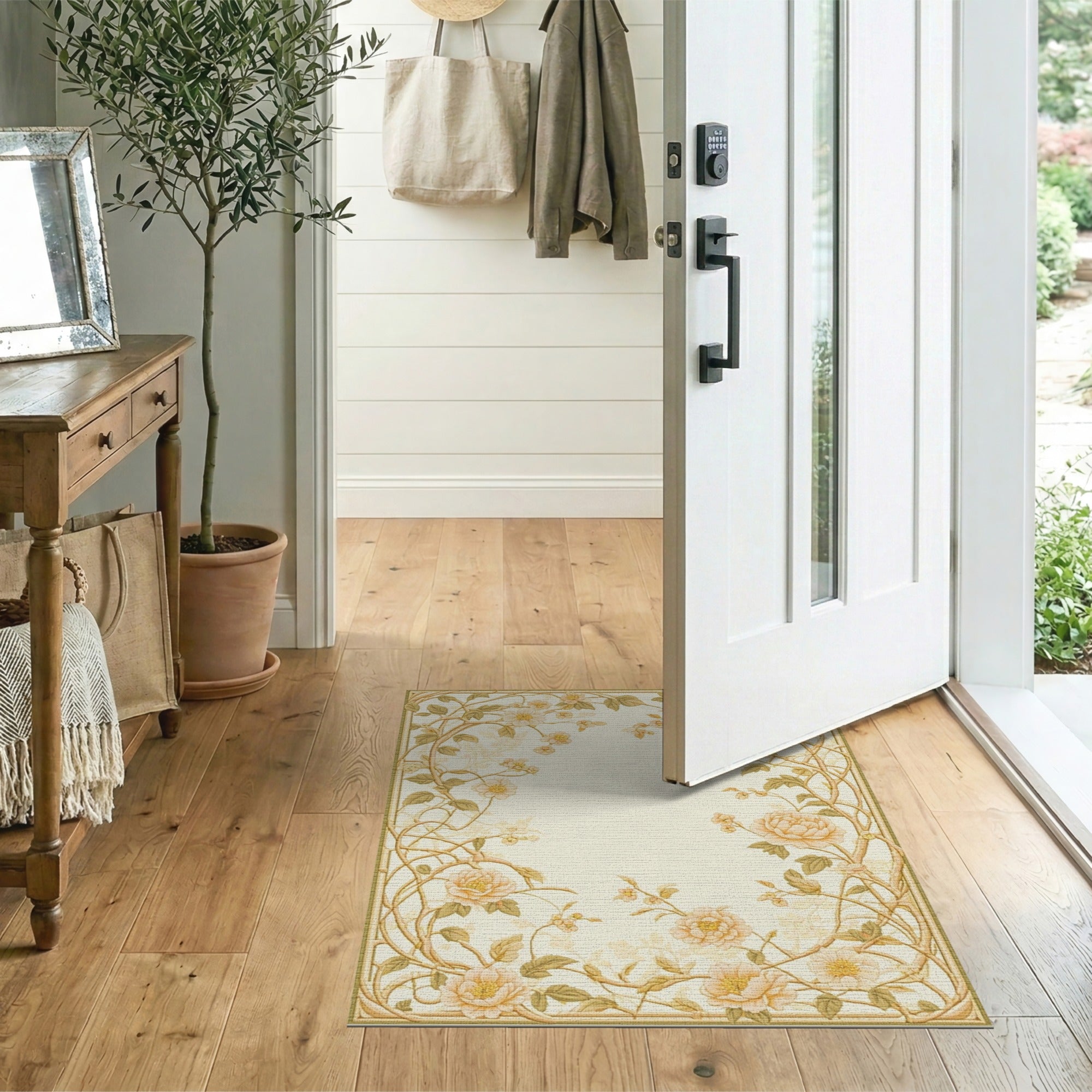 Vintage Gold Peony Floral Border Rug