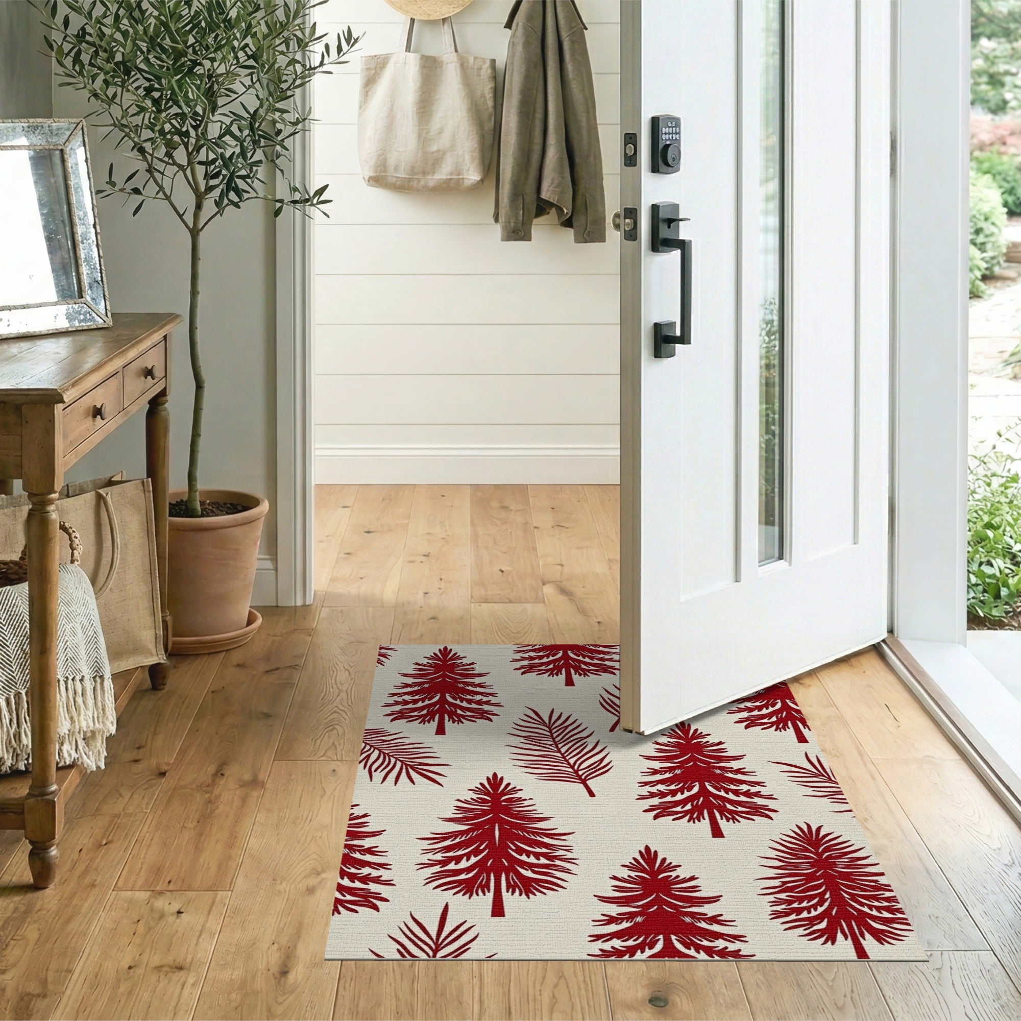 Red Pine Tree Fern Silhouette Area Rug