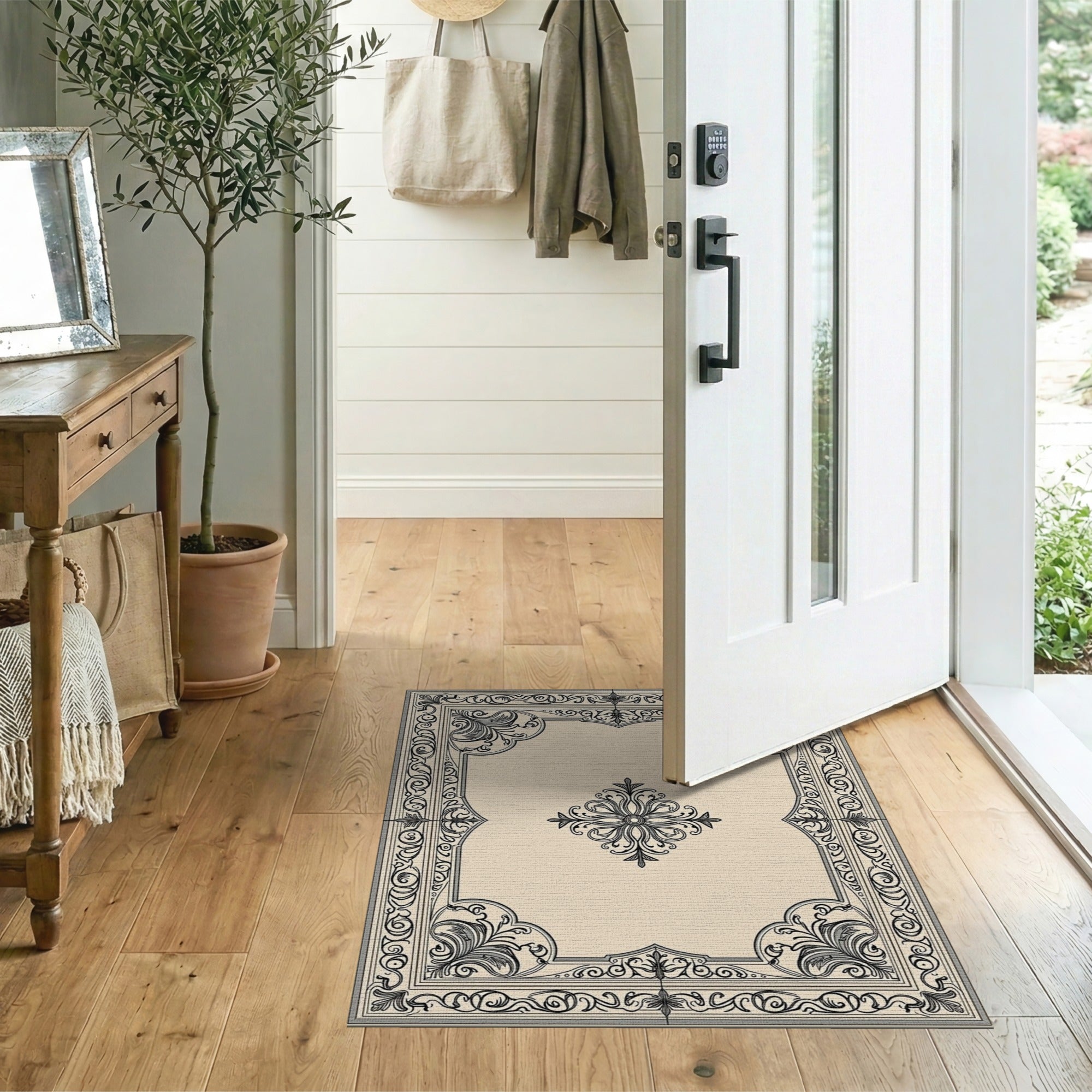 Ornate Floral Vintage Ornate Floral Border Beige Area Rug