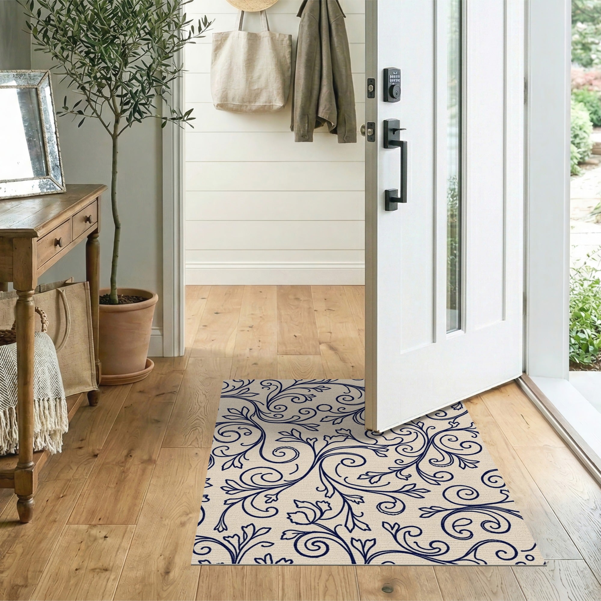 Navy Blue Swirling Vine Floral Cream Area Rug