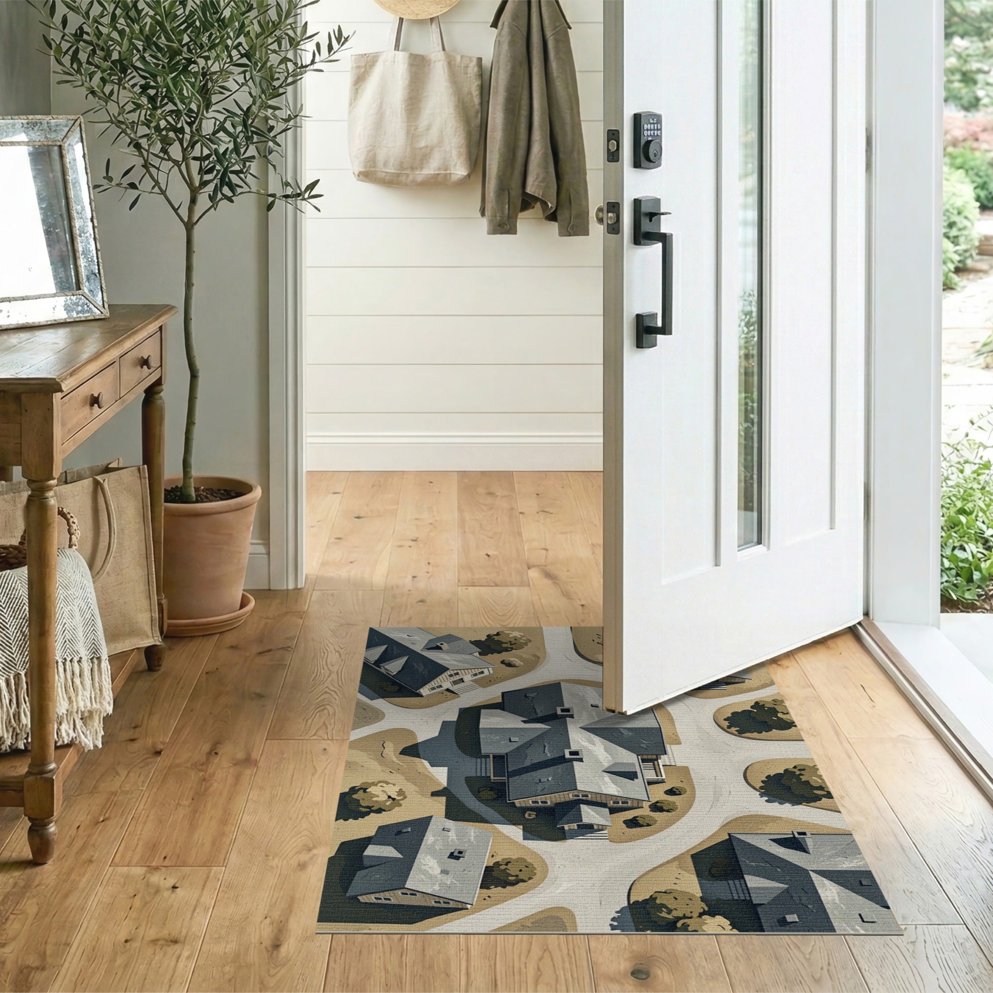 Aerial Rustic Cabins Village Area Rug