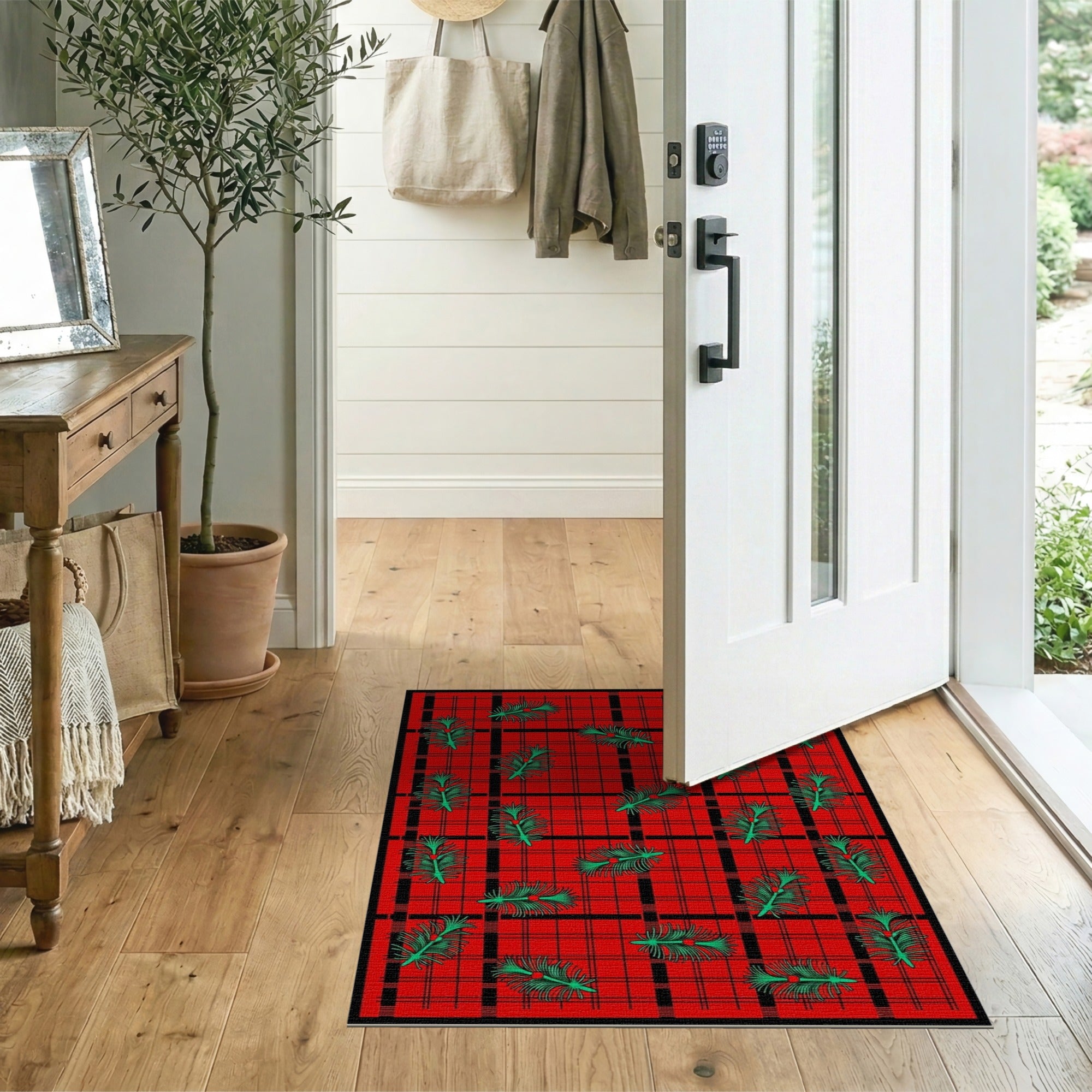 Festive Red Buffalo Plaid Pine Sprig Area Rug