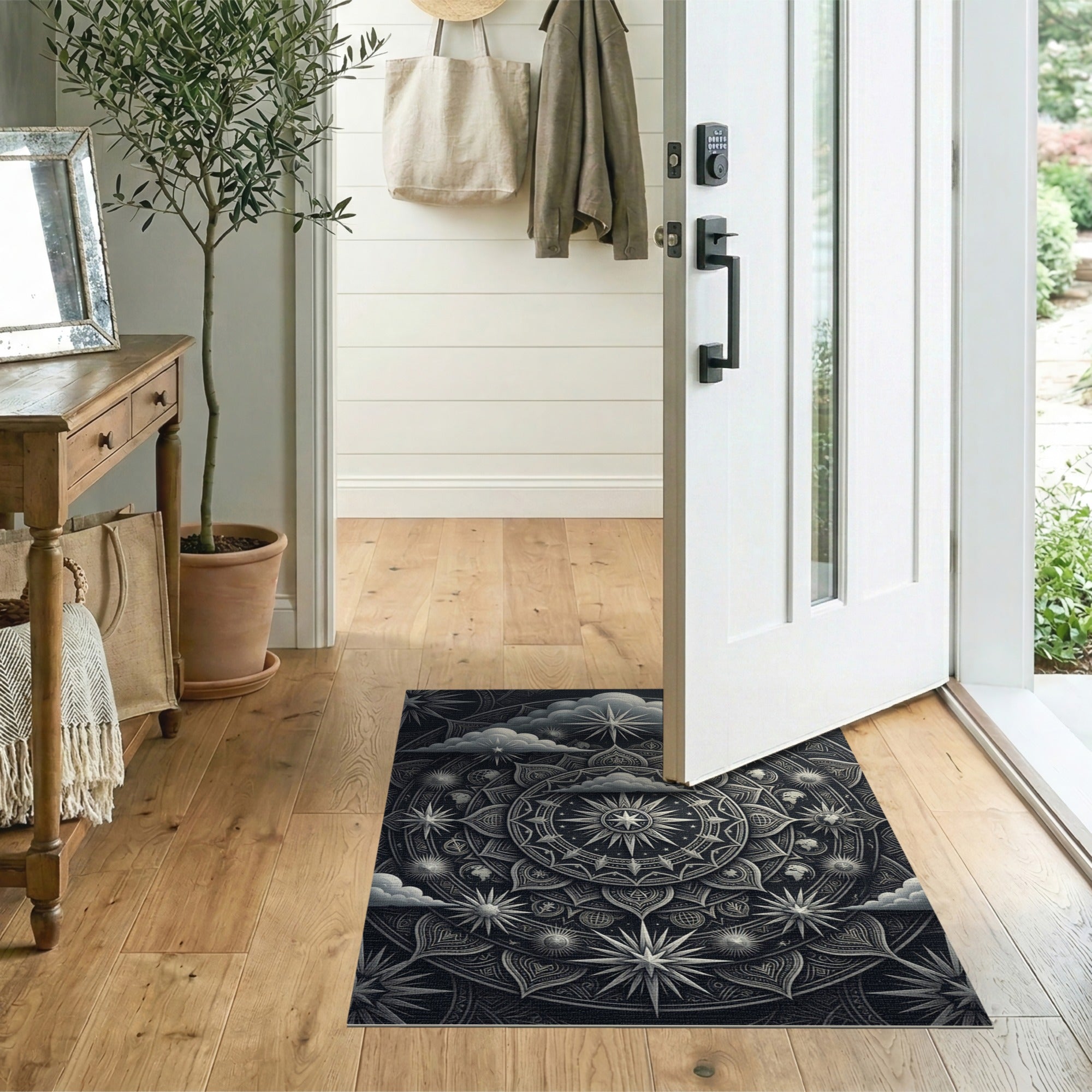 Geometric Modern Cosmic Mandala Black White Area Rug